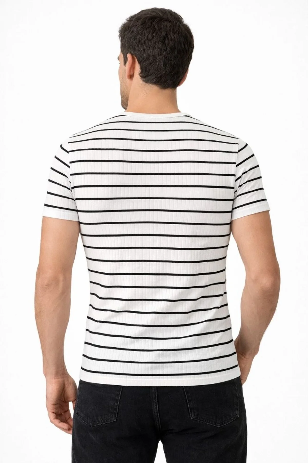 Erkek Çizgili Yazlık Triko T-Shirt Slim Fit Dar Kesim Body Bisiklet Yaka - Beyaz