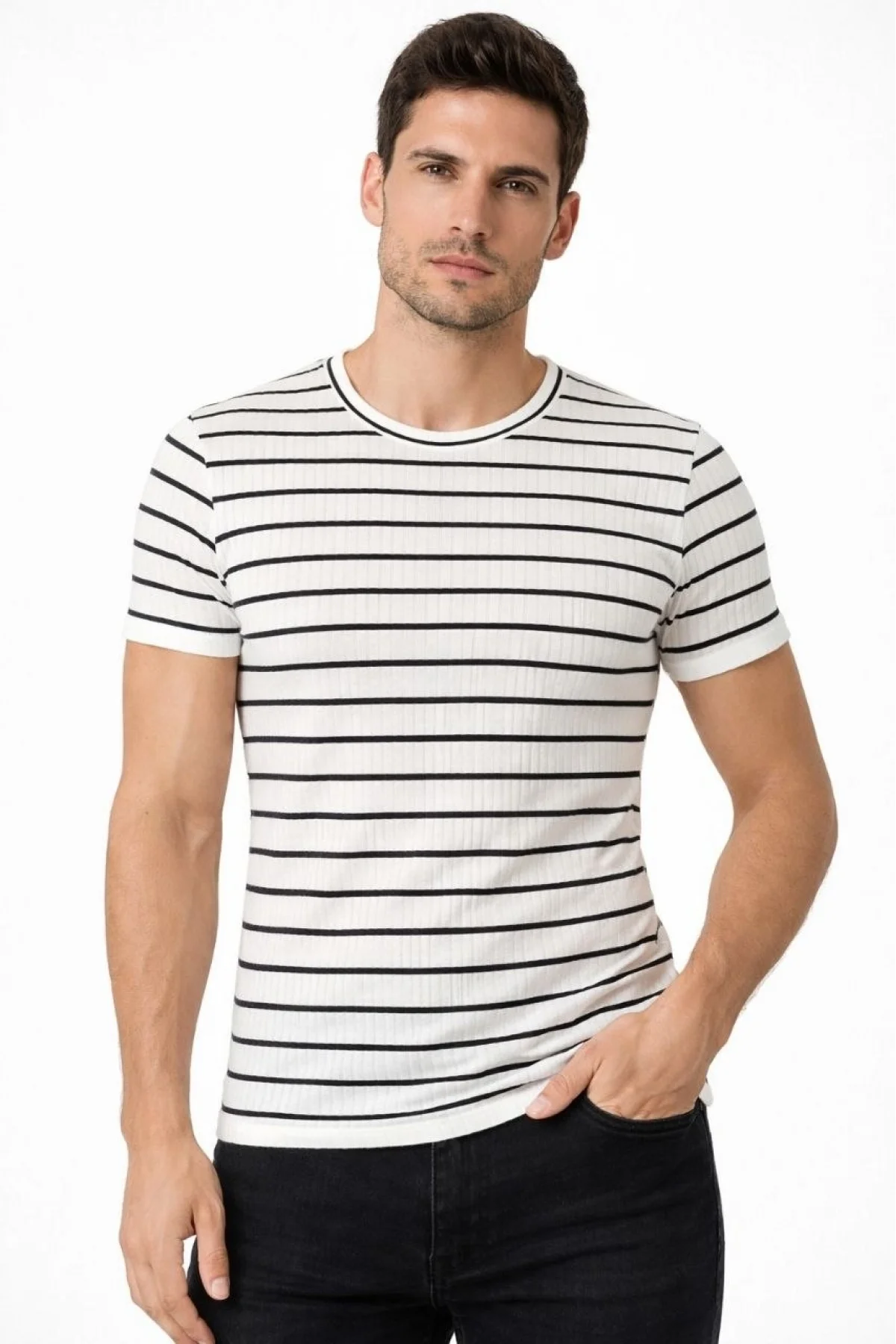 Erkek Çizgili Yazlık Triko T-Shirt Slim Fit Dar Kesim Body Bisiklet Yaka - Beyaz