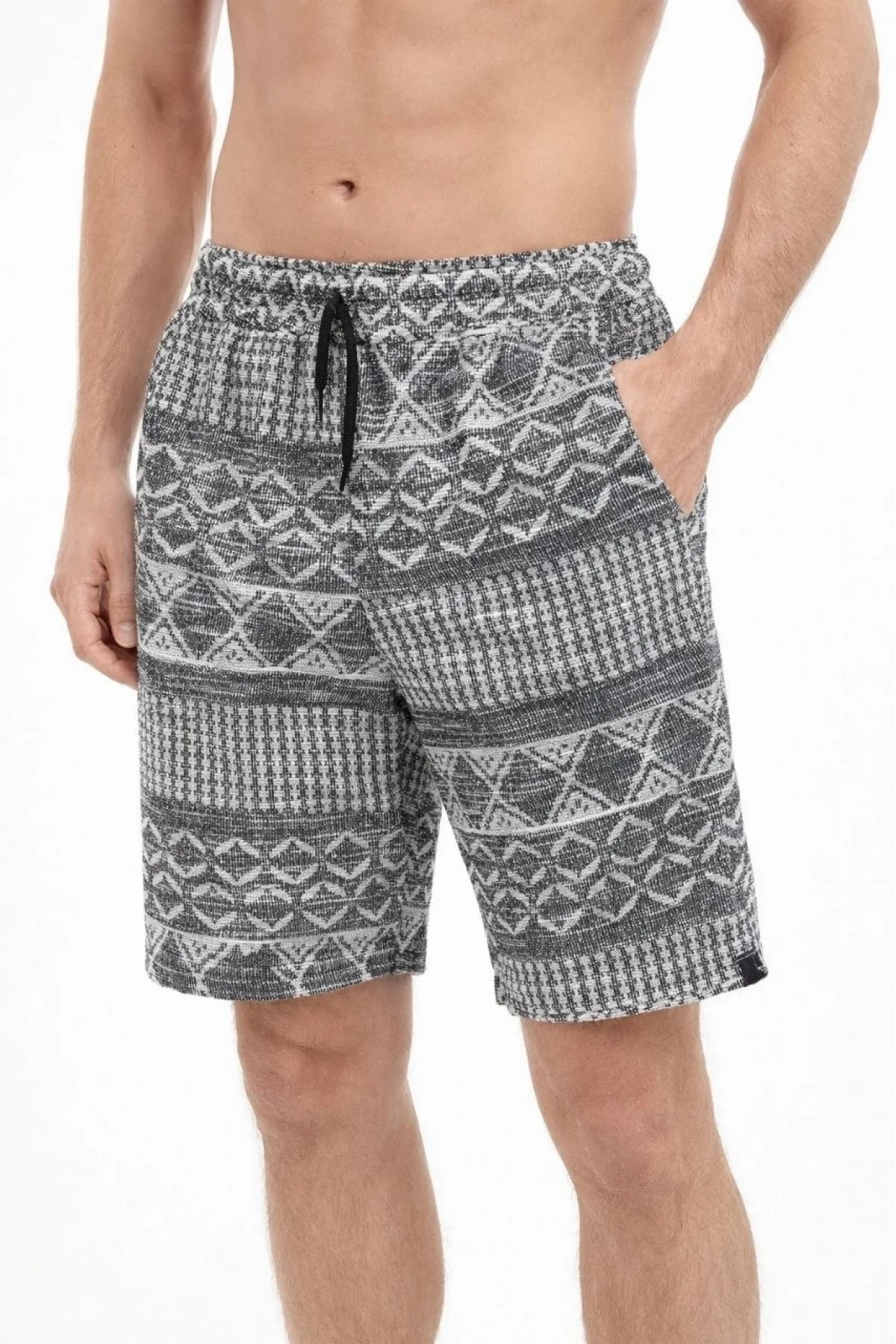 Erkek Etnik Desenli Dokuma Şort Lastikli Bel Bağcıklı Cepli Yazlık - Gri