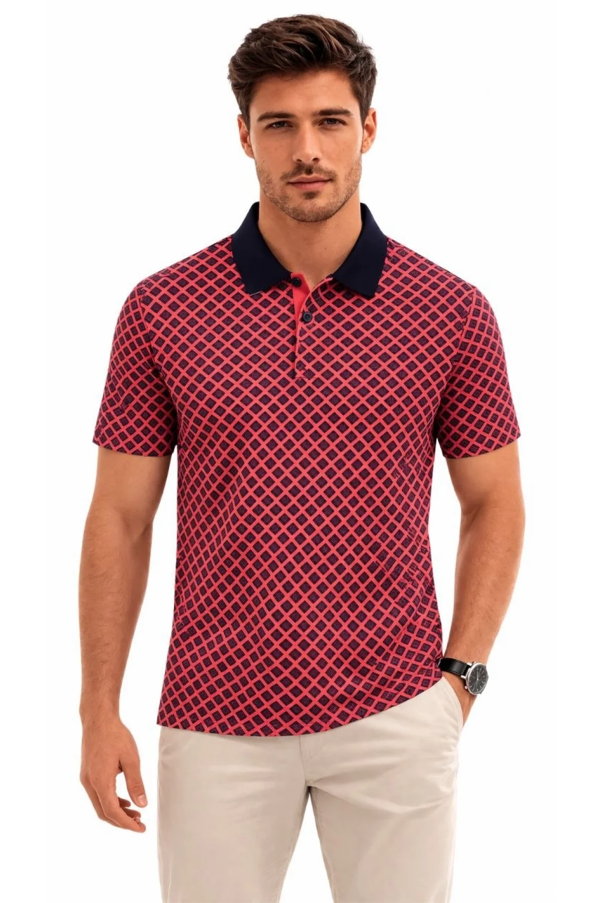 Erkek Pike Kumaş Polo Yaka Desenli Tişört Kısa Kol Yazlık T-Shirt - Kırmızı