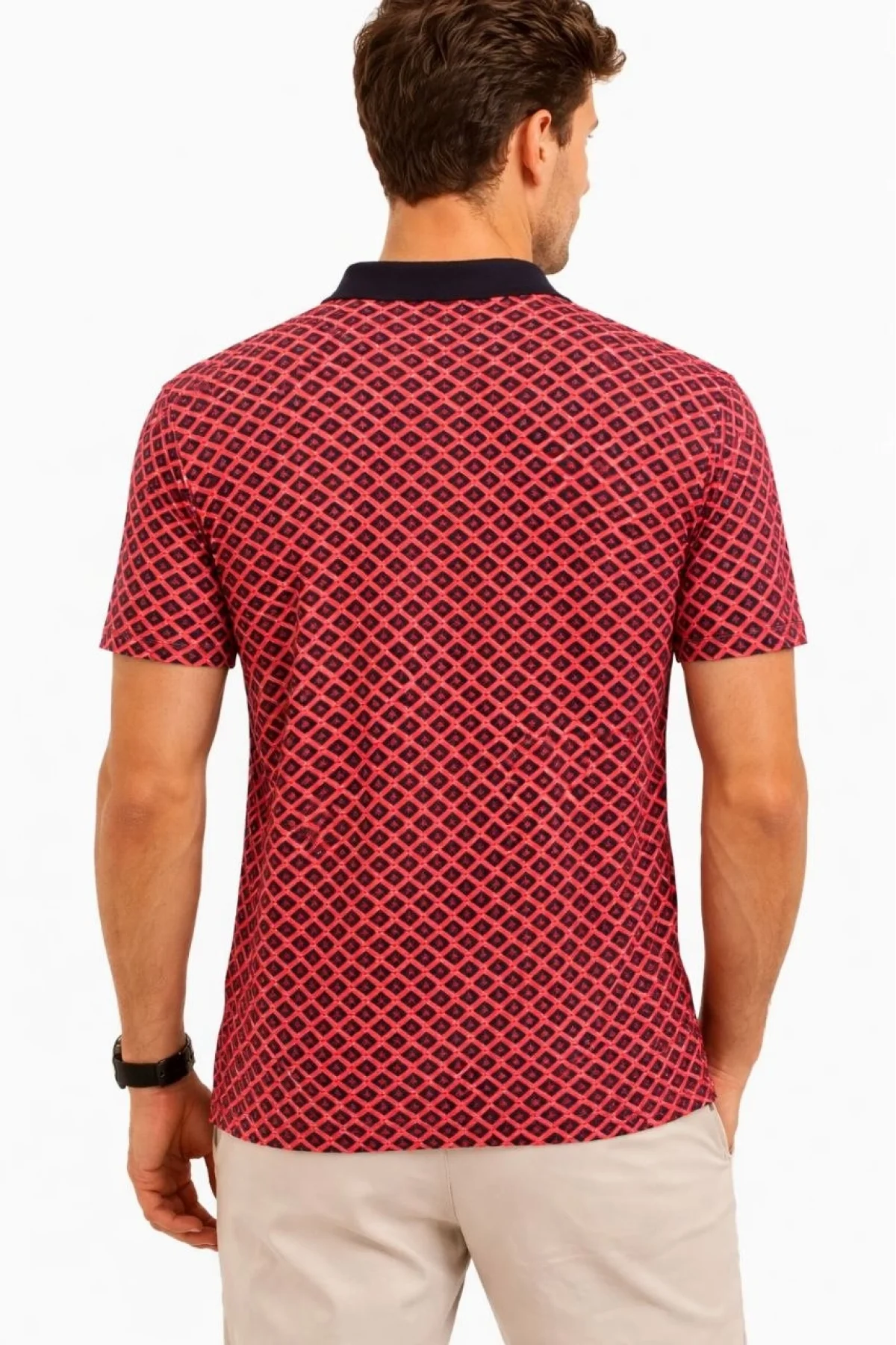 Erkek Pike Kumaş Polo Yaka Desenli Tişört Kısa Kol Yazlık T-Shirt - Kırmızı