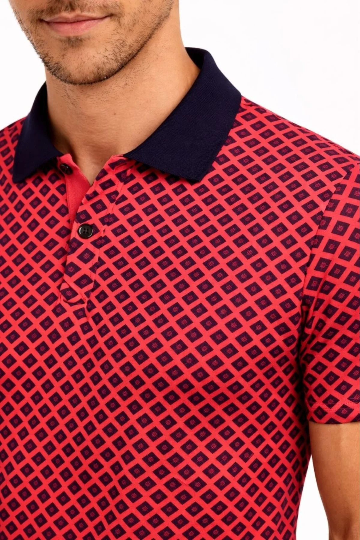 Erkek Pike Kumaş Polo Yaka Desenli Tişört Kısa Kol Yazlık T-Shirt - Kırmızı