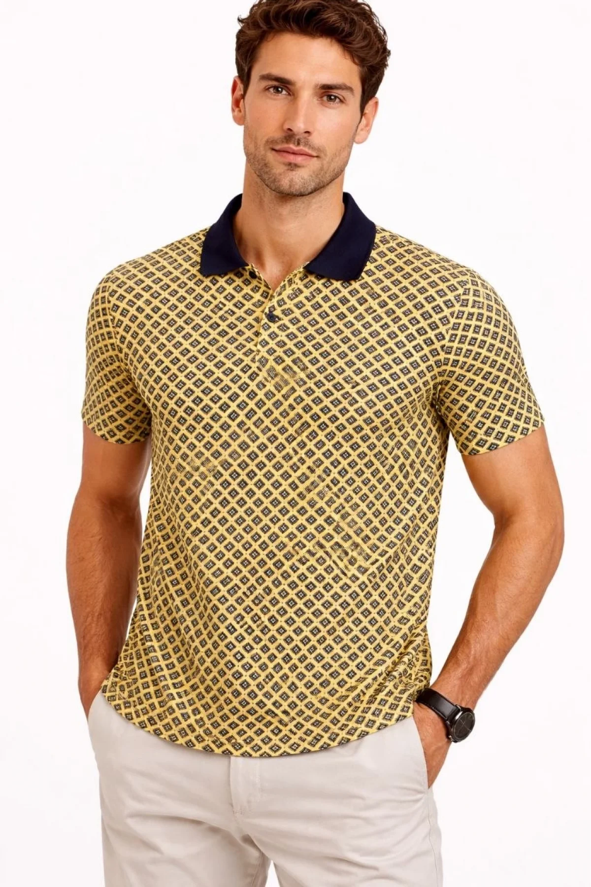 Erkek Pike Kumaş Polo Yaka Desenli Tişört Kısa Kol Yazlık T-Shirt - Sarı