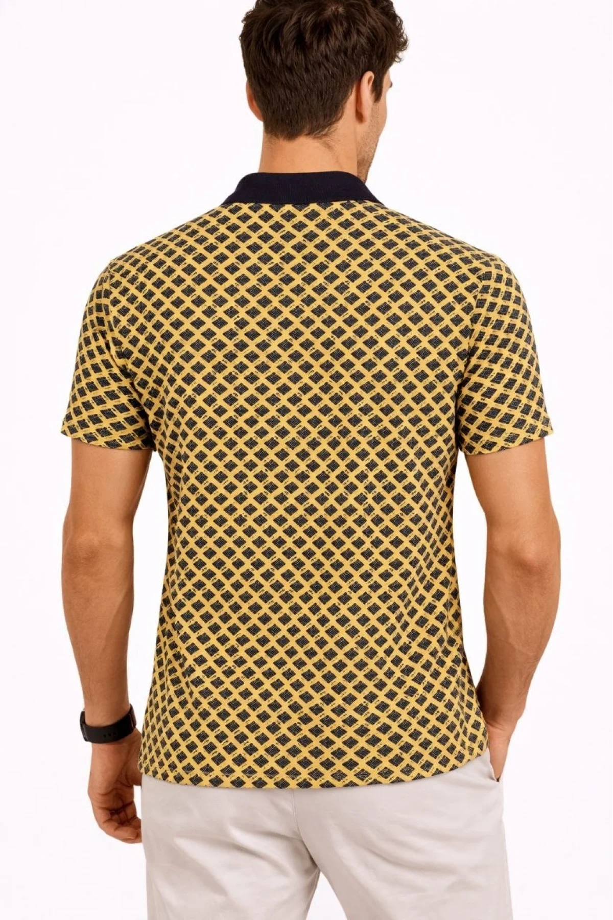 Erkek Pike Kumaş Polo Yaka Desenli Tişört Kısa Kol Yazlık T-Shirt - Sarı