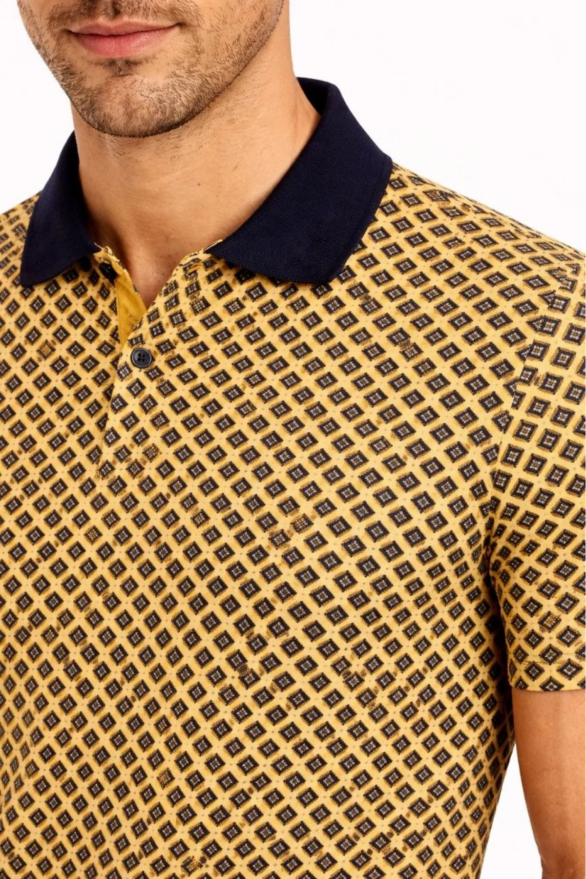 Erkek Pike Kumaş Polo Yaka Desenli Tişört Kısa Kol Yazlık T-Shirt - Sarı