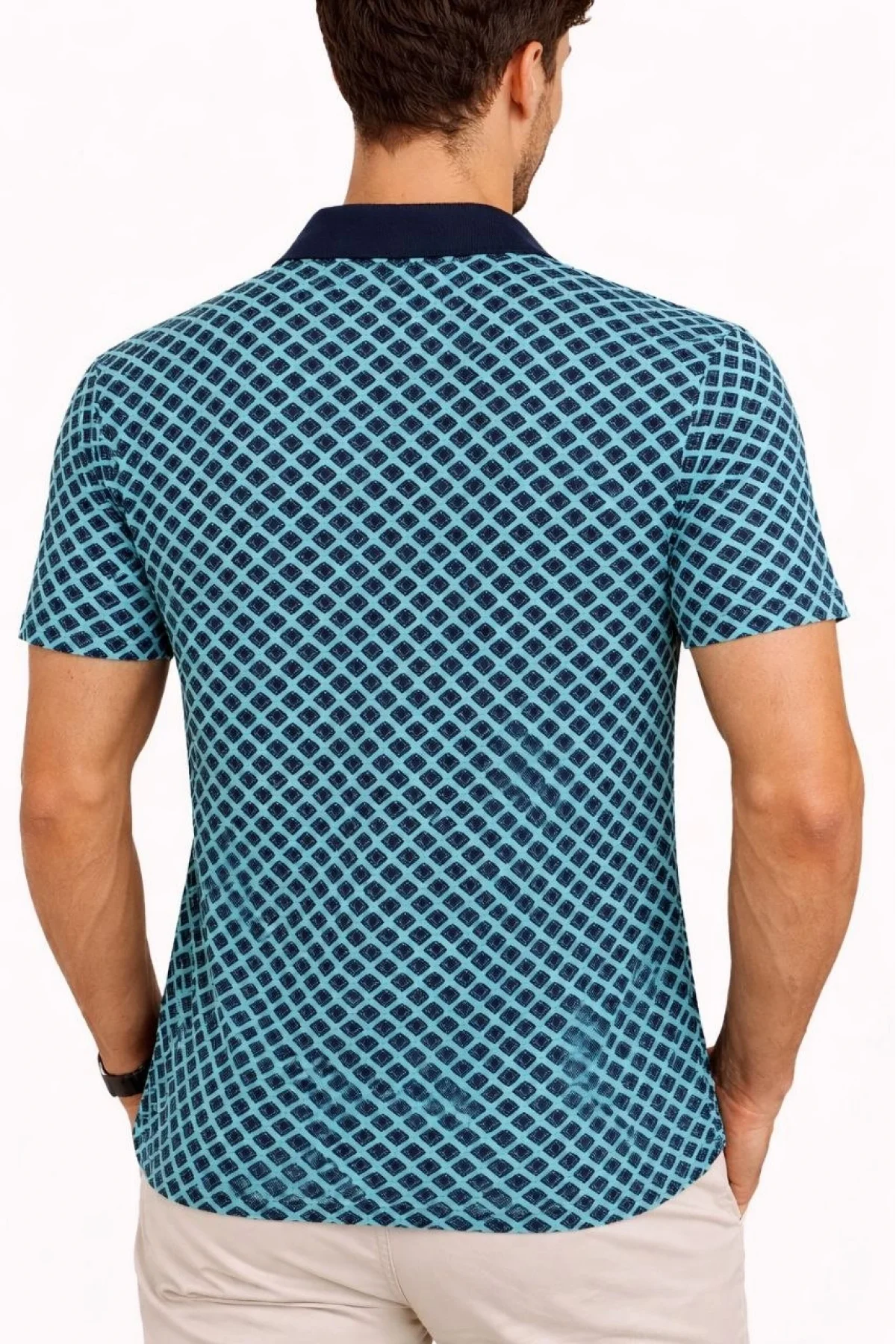 Erkek Pike Kumaş Polo Yaka Desenli Tişört Kısa Kol Yazlık T-Shirt - Turkuaz