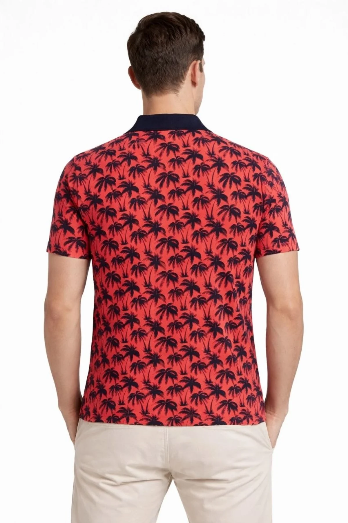 Erkek Pike Kumaş Polo Yaka Palmiye Desenli Tişört Kısa Kol Yazlık T-Shirt - Kırmızı