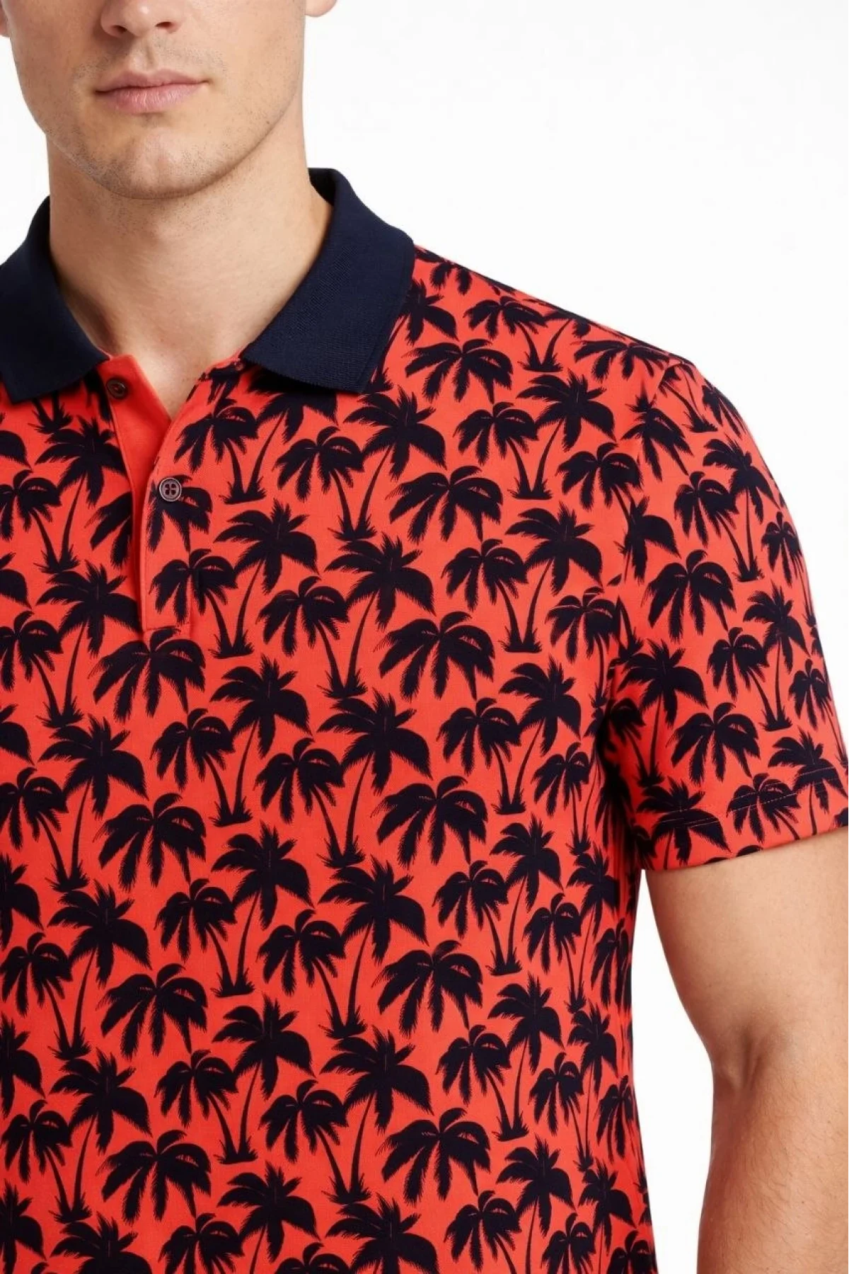 Erkek Pike Kumaş Polo Yaka Palmiye Desenli Tişört Kısa Kol Yazlık T-Shirt - Kırmızı
