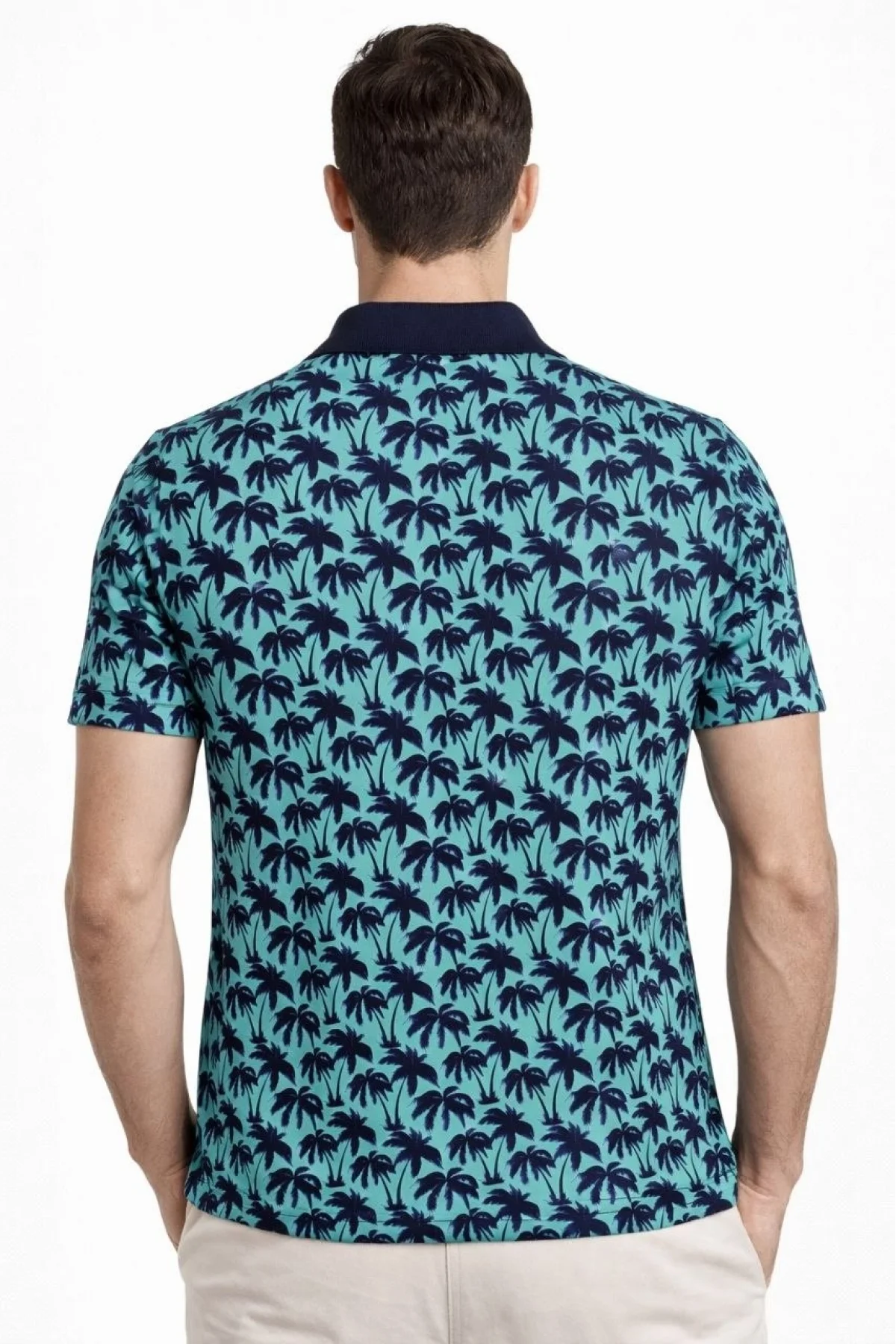 Erkek Pike Kumaş Polo Yaka Palmiye Desenli Tişört Kısa Kol Yazlık T-Shirt - Turkuaz