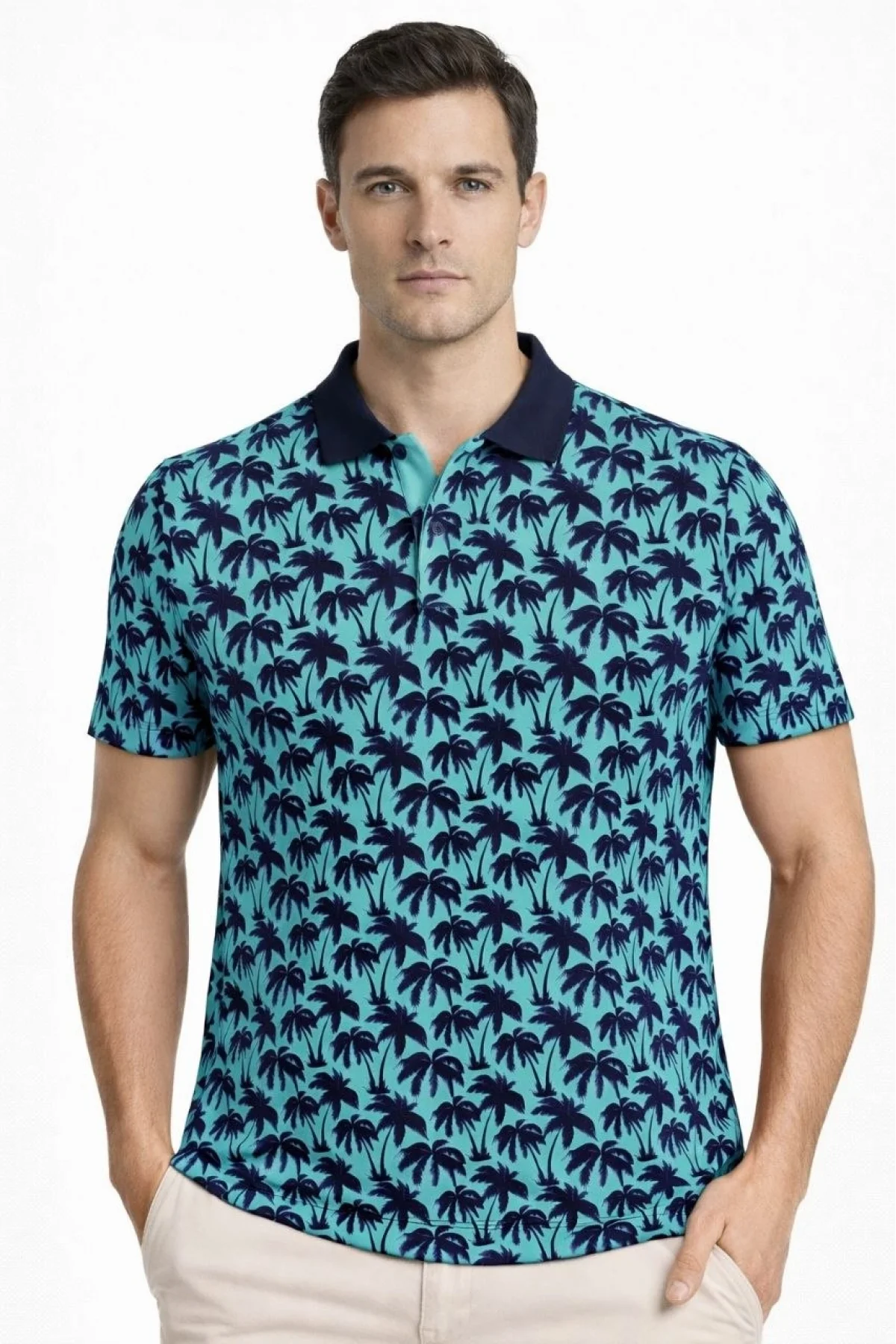 Erkek Pike Kumaş Polo Yaka Palmiye Desenli Tişört Kısa Kol Yazlık T-Shirt - Turkuaz