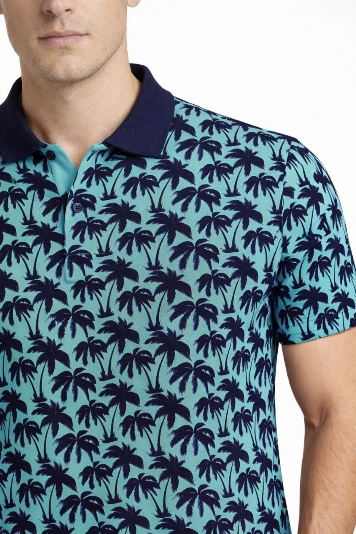Erkek Pike Kumaş Polo Yaka Palmiye Desenli Tişört Kısa Kol Yazlık T-Shirt - Turkuaz