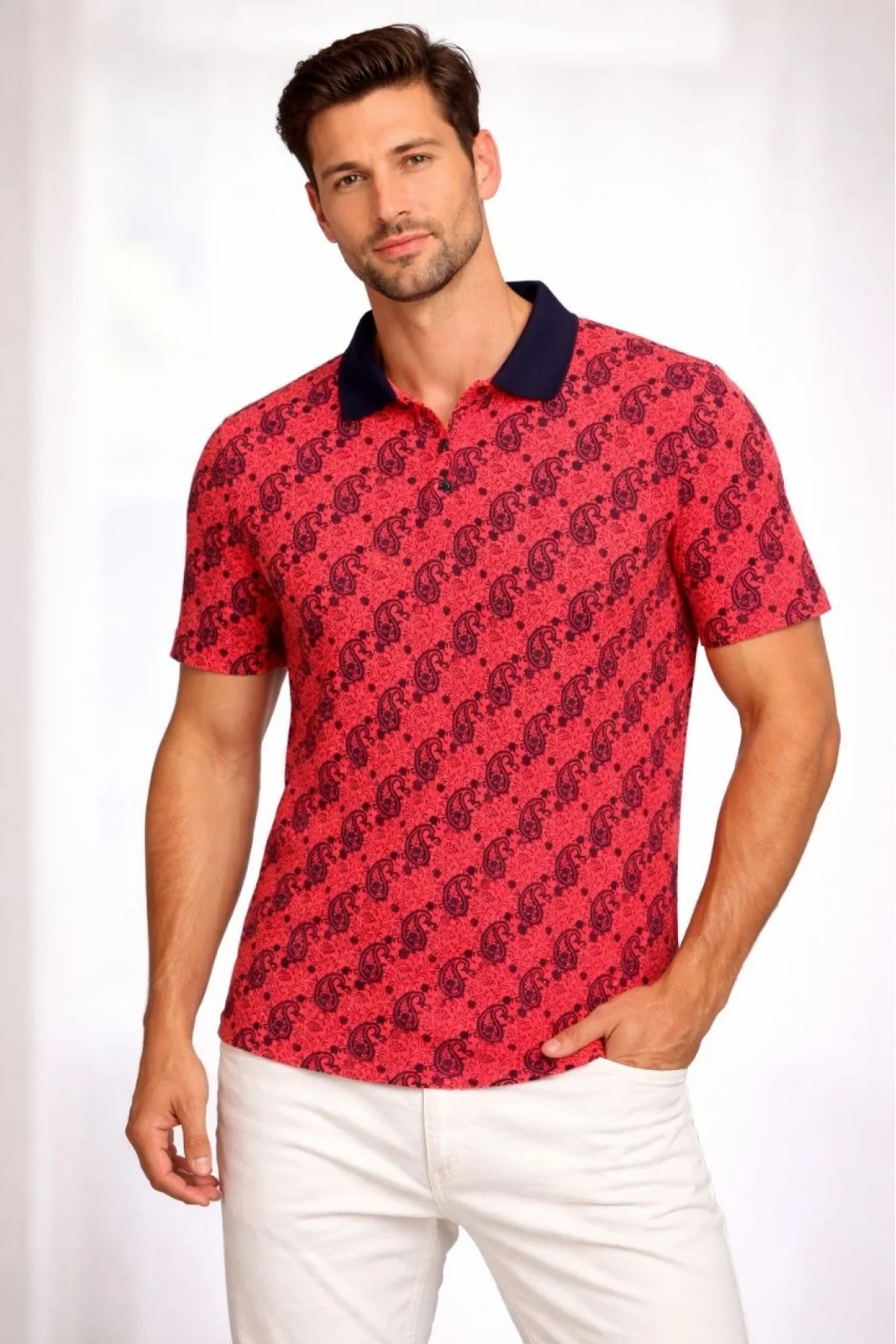 Erkek Pike Kumaş Polo Yaka Palmiye Desenli Tişört Kısa Kol Yazlık T-Shirt - Kırmızı