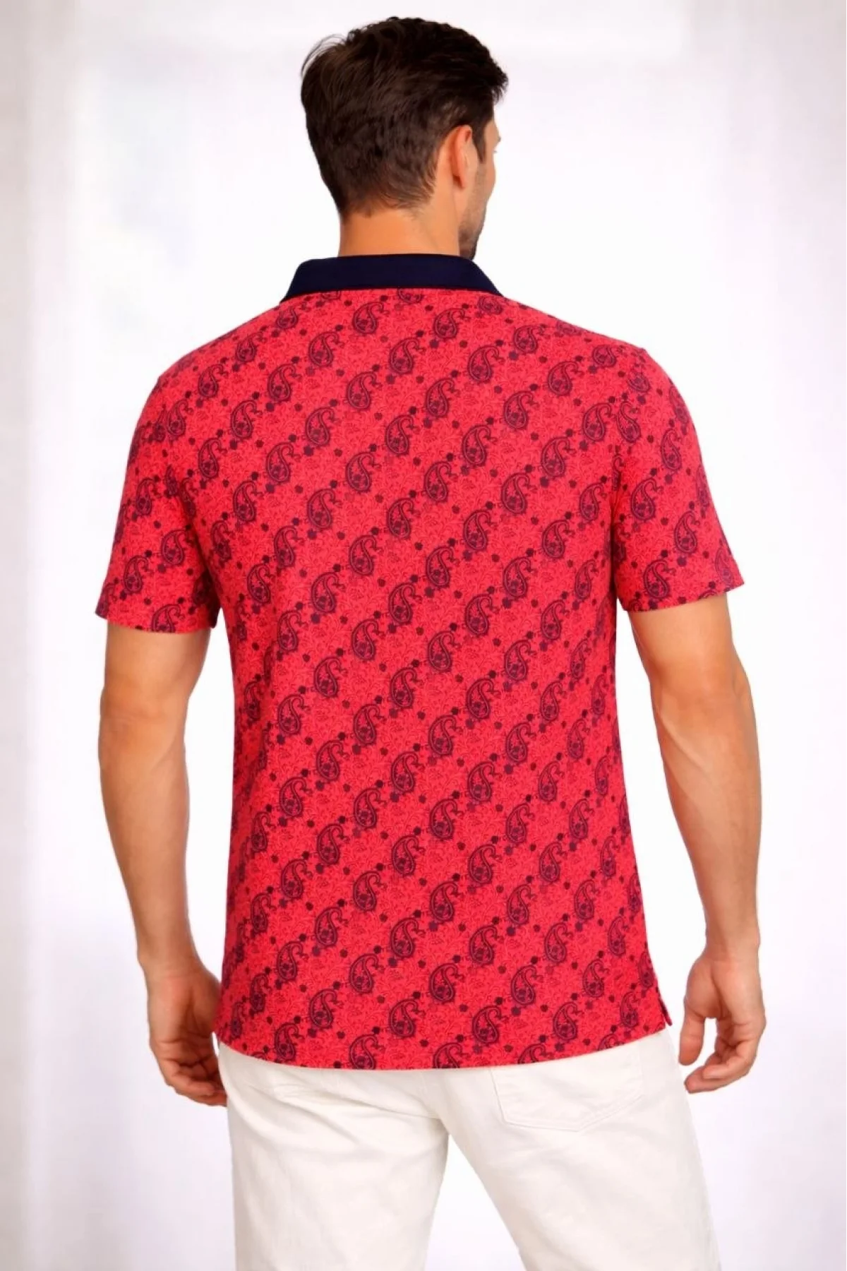 Erkek Pike Kumaş Polo Yaka Palmiye Desenli Tişört Kısa Kol Yazlık T-Shirt - Kırmızı