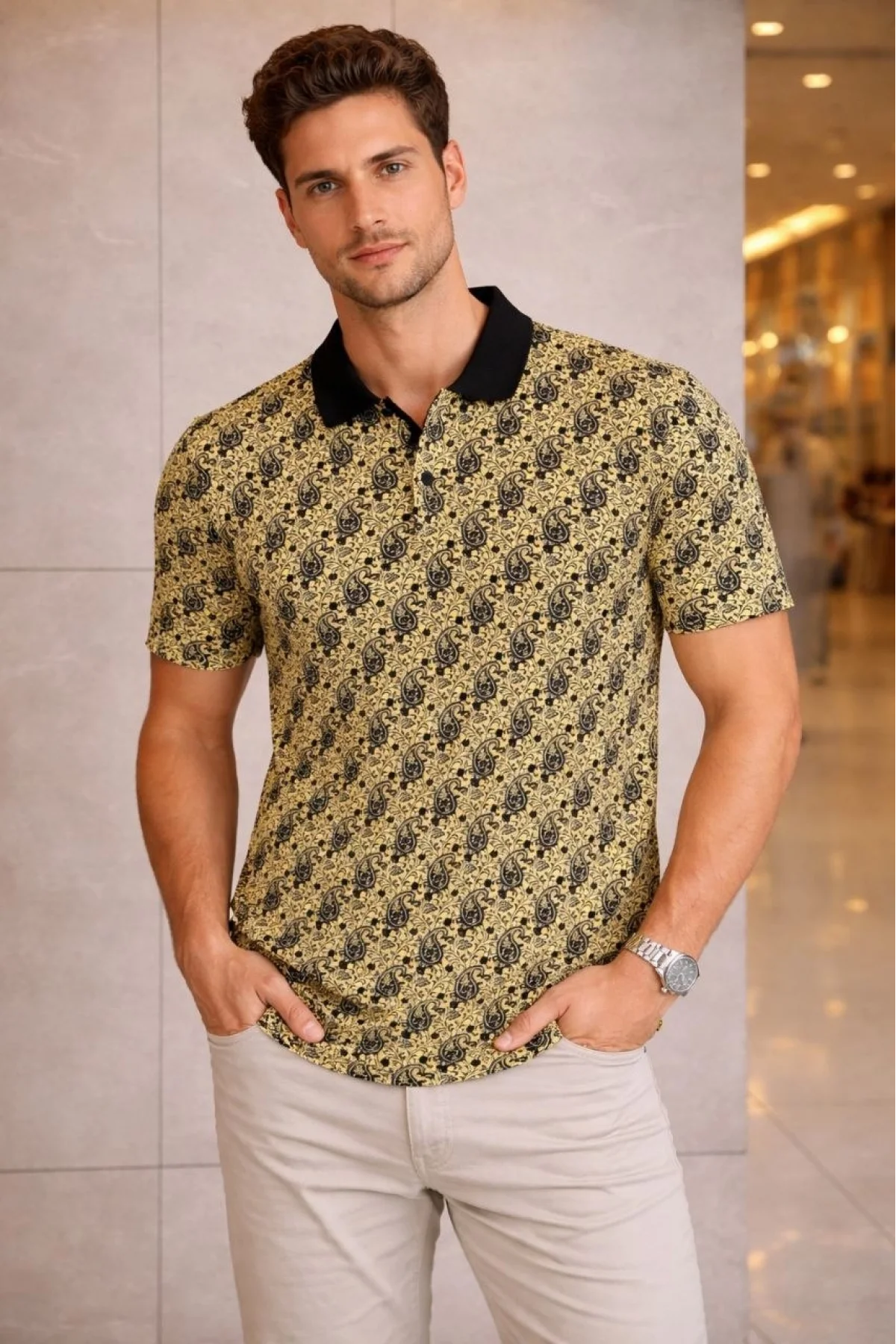 Erkek Pike Kumaş Polo Yaka Palmiye Desenli Tişört Kısa Kol Yazlık T-Shirt - Sarı