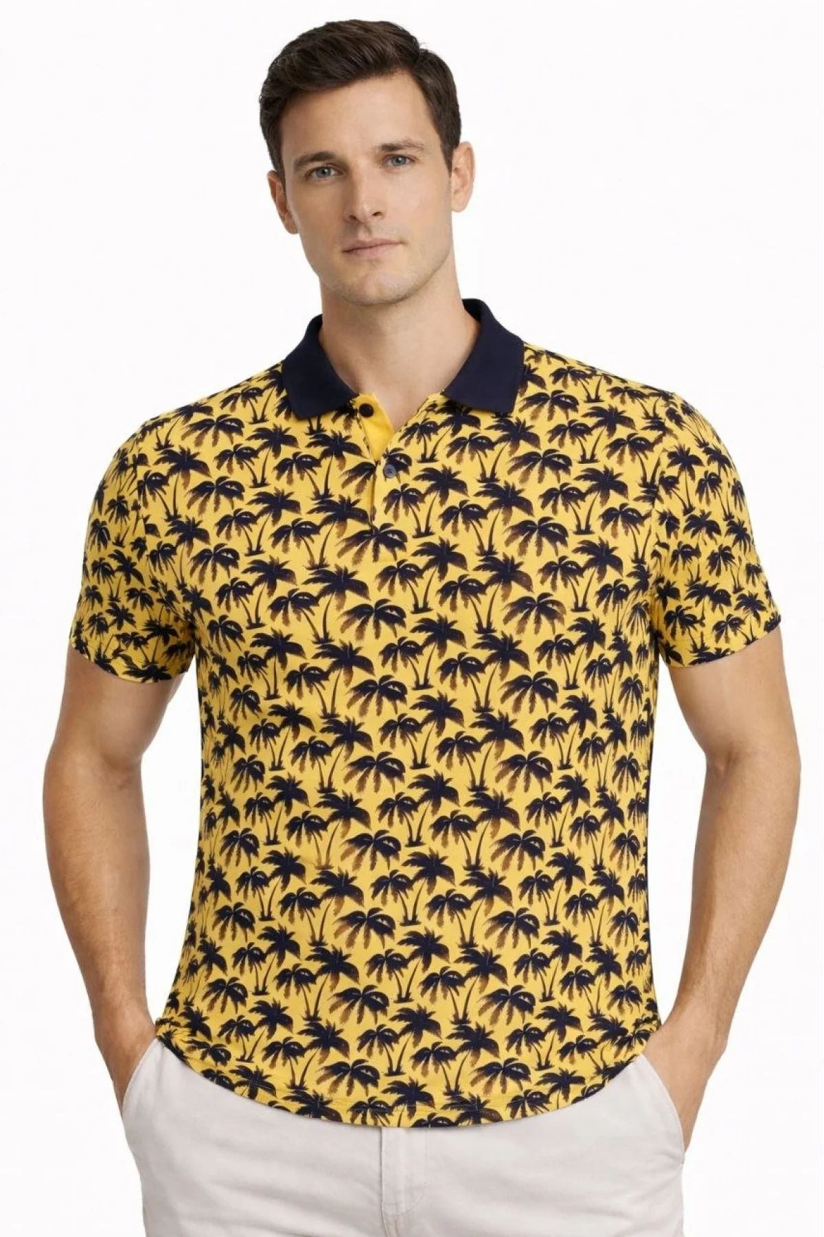 Erkek Pike Kumaş Polo Yaka Palmiye Desenli Tişört Kısa Kol Yazlık T-Shirt - Sarı