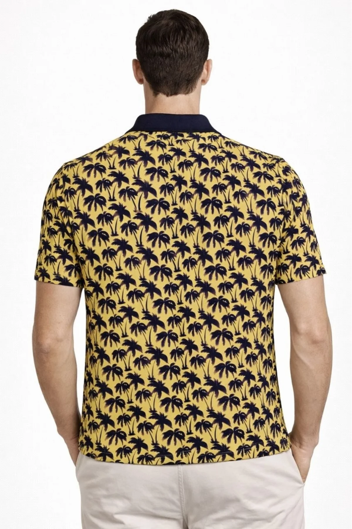 Erkek Pike Kumaş Polo Yaka Palmiye Desenli Tişört Kısa Kol Yazlık T-Shirt - Sarı