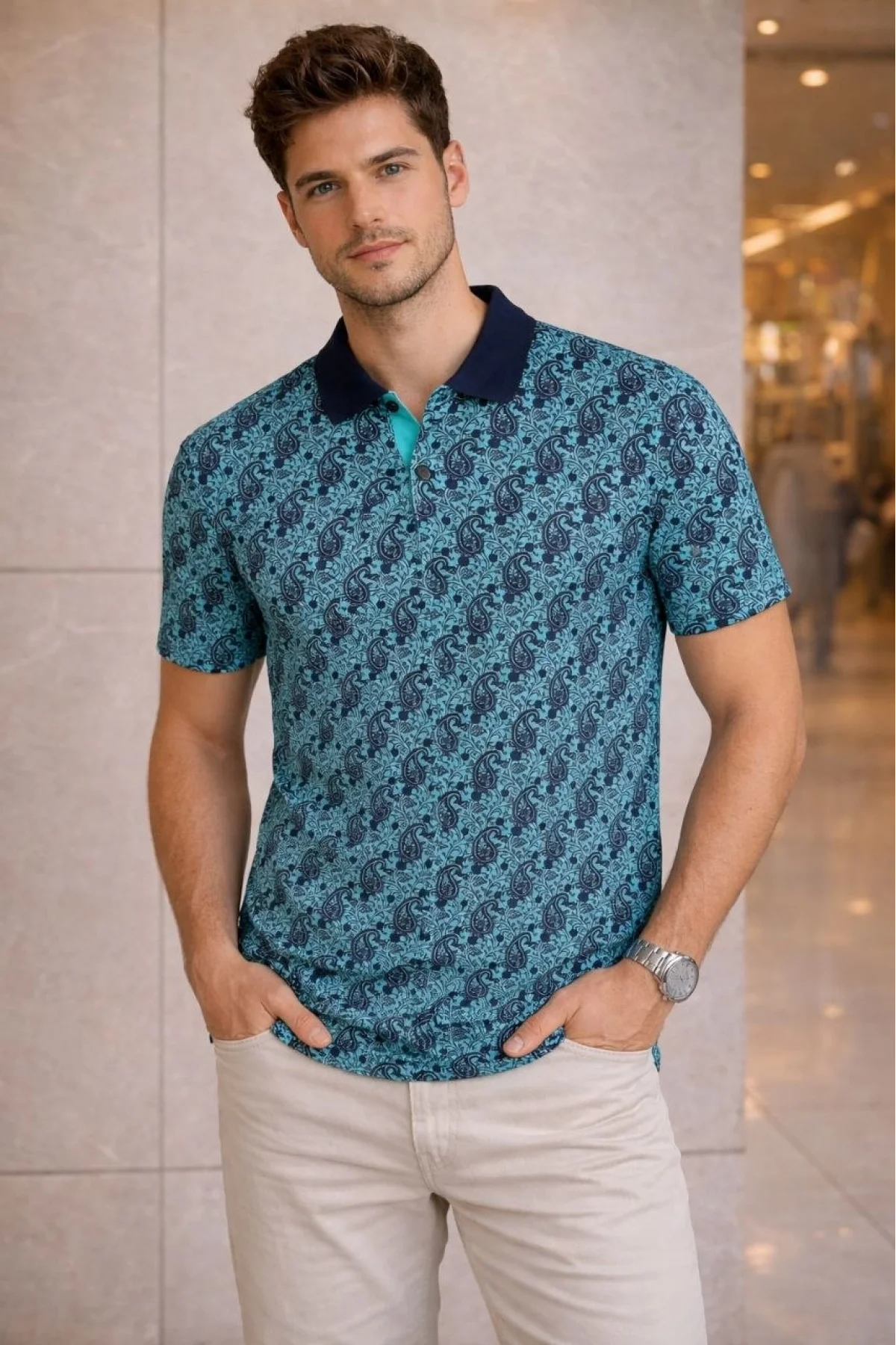 Erkek Pike Kumaş Polo Yaka Palmiye Desenli Tişört Kısa Kol Yazlık T-Shirt - Turkuaz