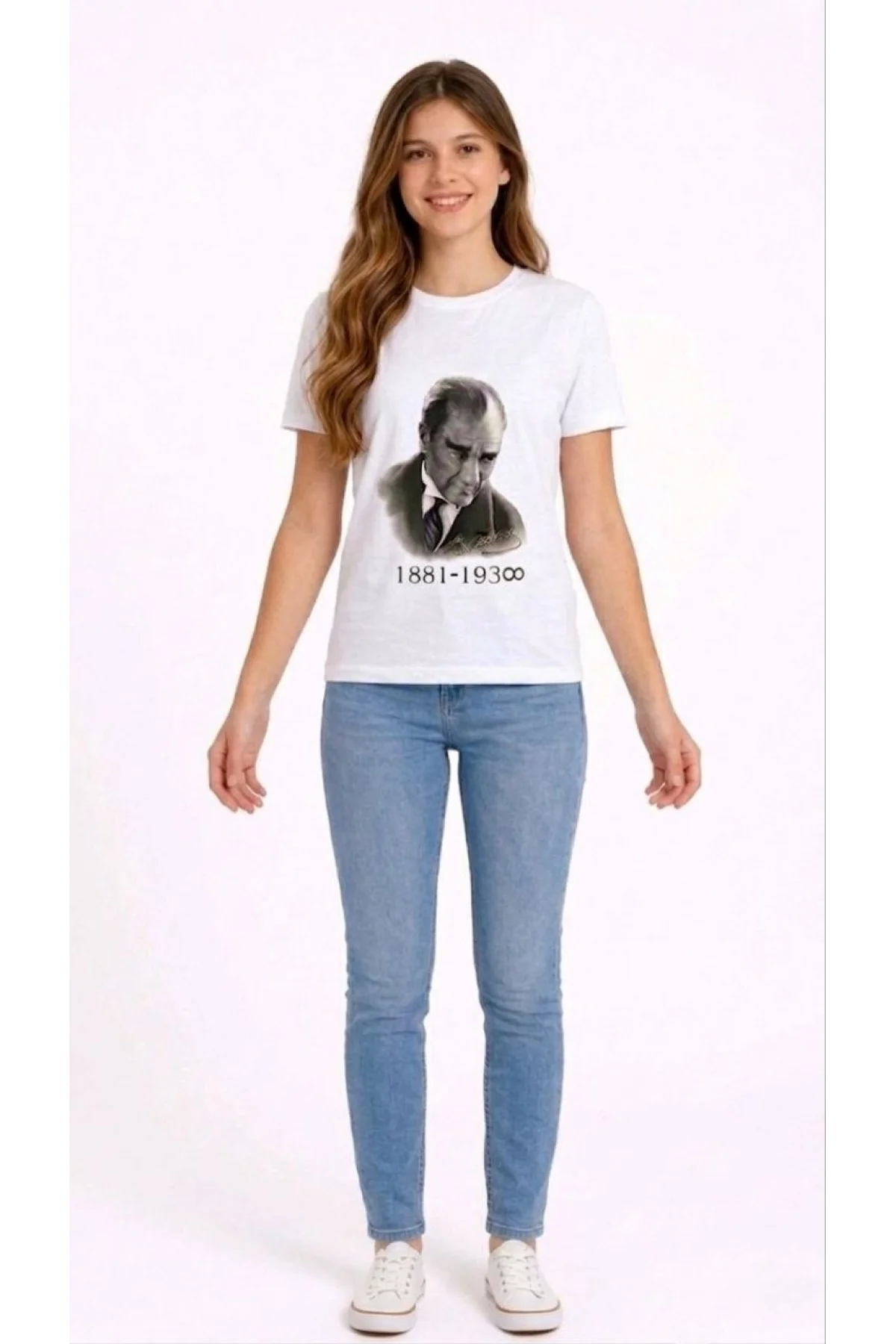 Kız Çocuk Atatürk Baskılı Tişört Kısa Kollu Bisiklet Yaka T-Shirt - Beyaz