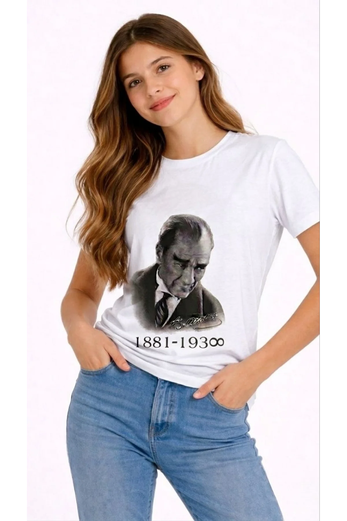 Kız Çocuk Atatürk Baskılı Tişört Kısa Kollu Bisiklet Yaka T-Shirt - Beyaz