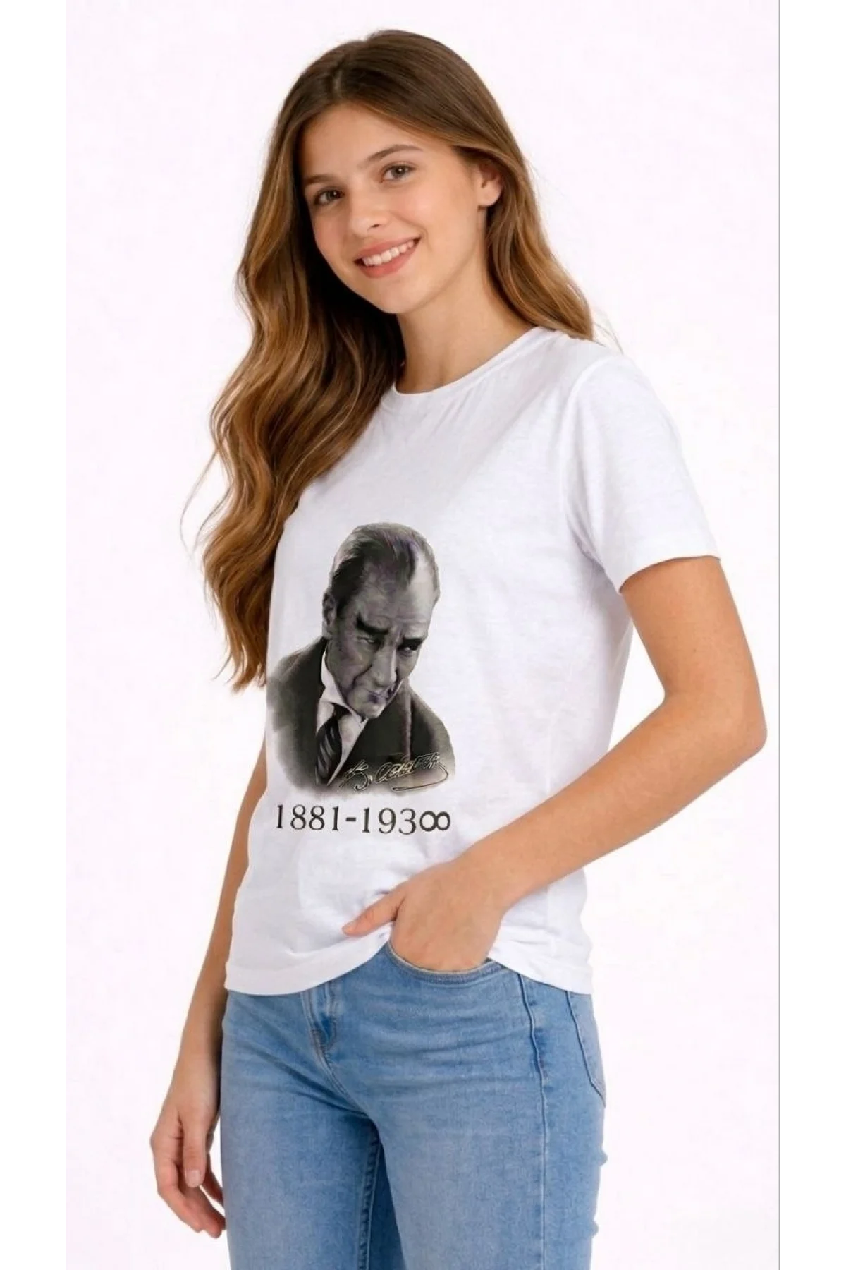 Kız Çocuk Atatürk Baskılı Tişört Kısa Kollu Bisiklet Yaka T-Shirt - Beyaz