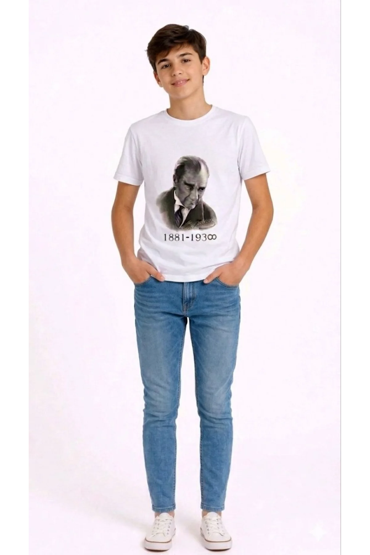 Erkek Çocuk Atatürk Baskılı Tişört Kısa Kollu Bisiklet Yaka T-Shirt - Beyaz