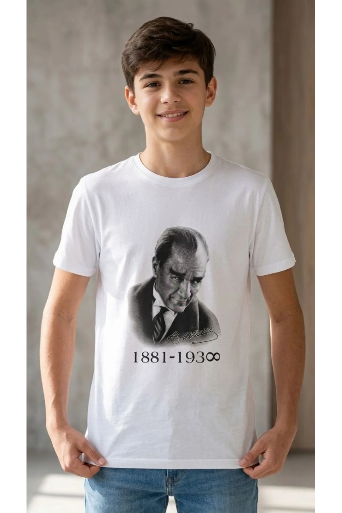 Erkek Çocuk Atatürk Baskılı Tişört Kısa Kollu Bisiklet Yaka T-Shirt - Beyaz