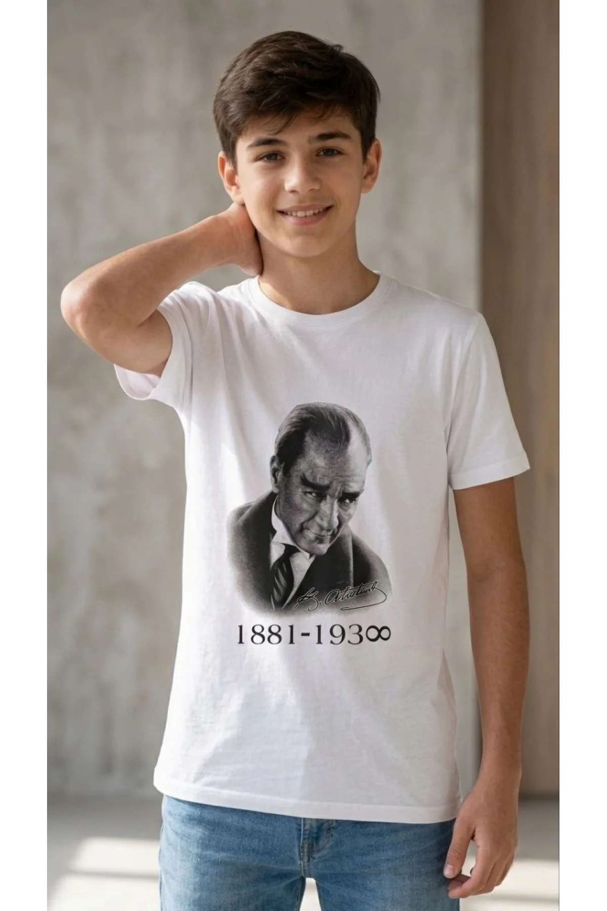 Erkek Çocuk Atatürk Baskılı Tişört Kısa Kollu Bisiklet Yaka T-Shirt - Beyaz