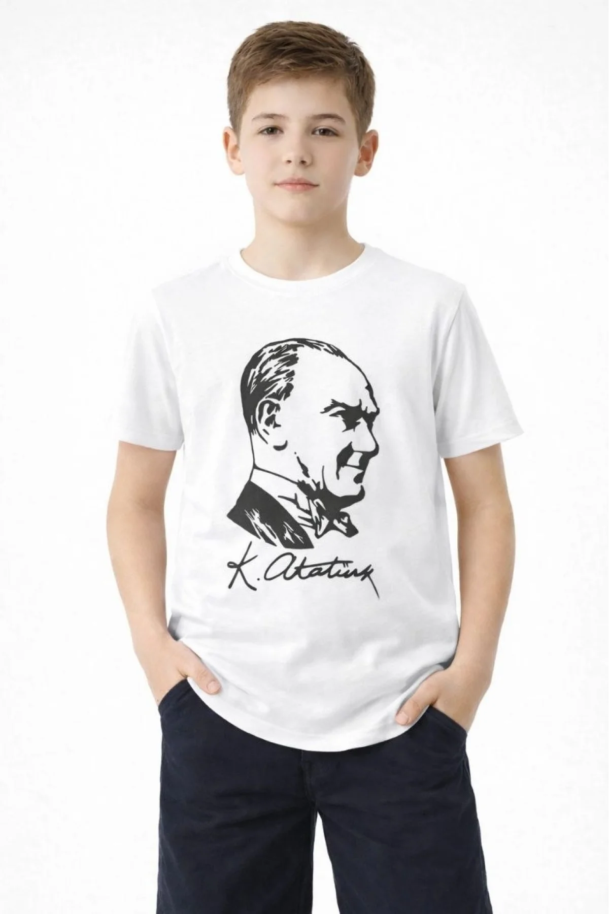 Erkek Çocuk Atatürk Baskılı Tişört Kısa Kollu Bisiklet Yaka T-Shirt - Beyaz