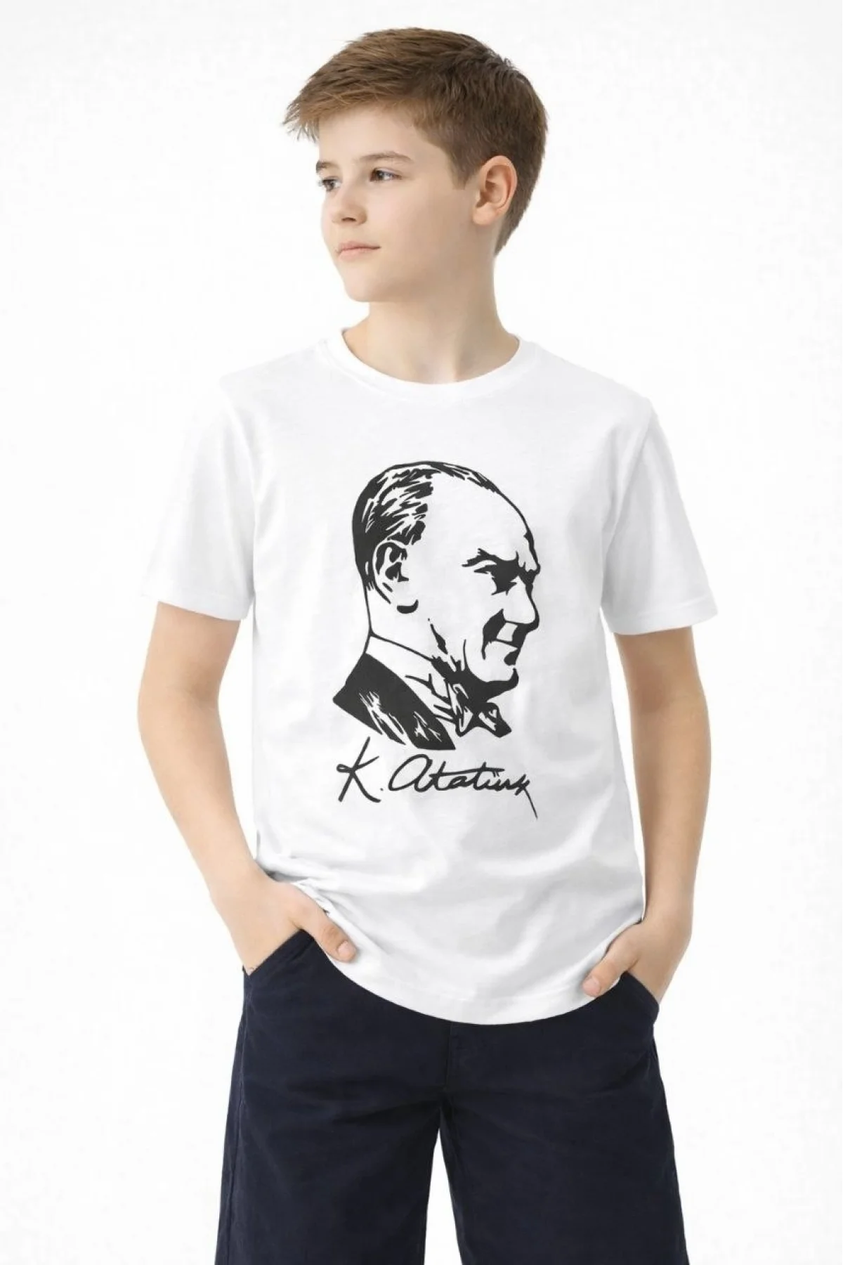 Erkek Çocuk Atatürk Baskılı Tişört Kısa Kollu Bisiklet Yaka T-Shirt - Beyaz
