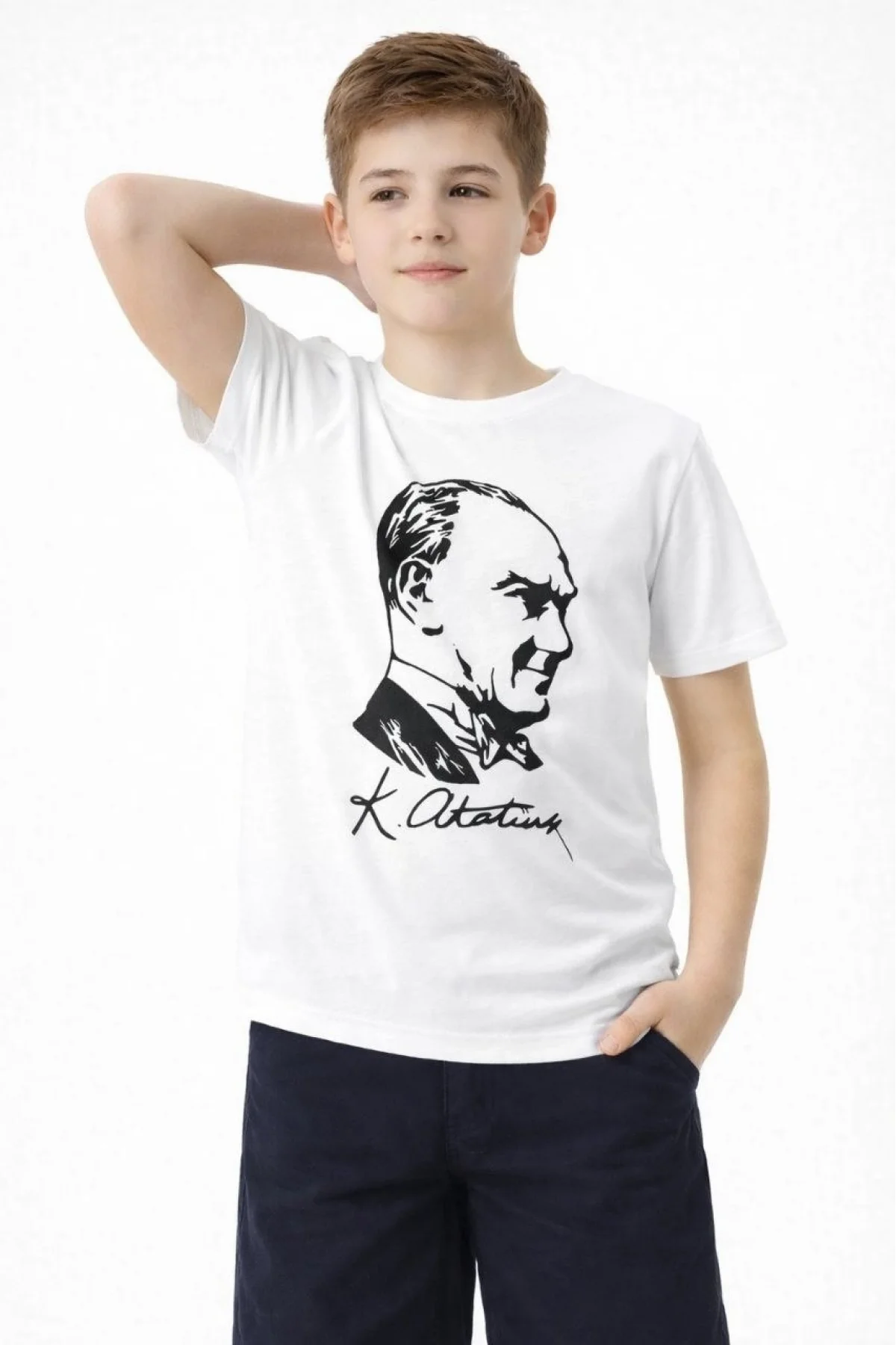 Erkek Çocuk Atatürk Baskılı Tişört Kısa Kollu Bisiklet Yaka T-Shirt - Beyaz