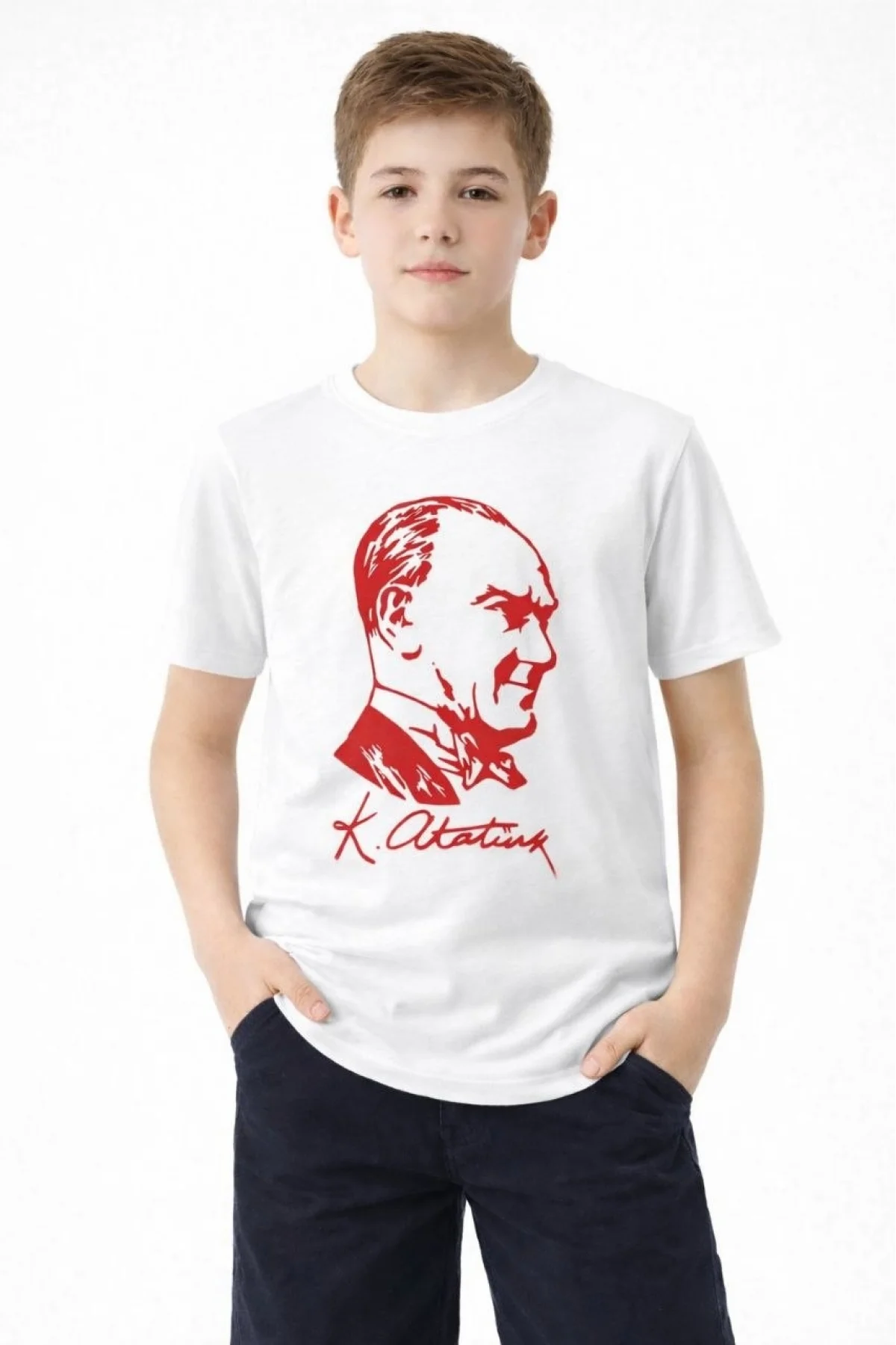 Erkek Çocuk Atatürk Baskılı Tişört Kısa Kollu Bisiklet Yaka T-Shirt - Beyaz