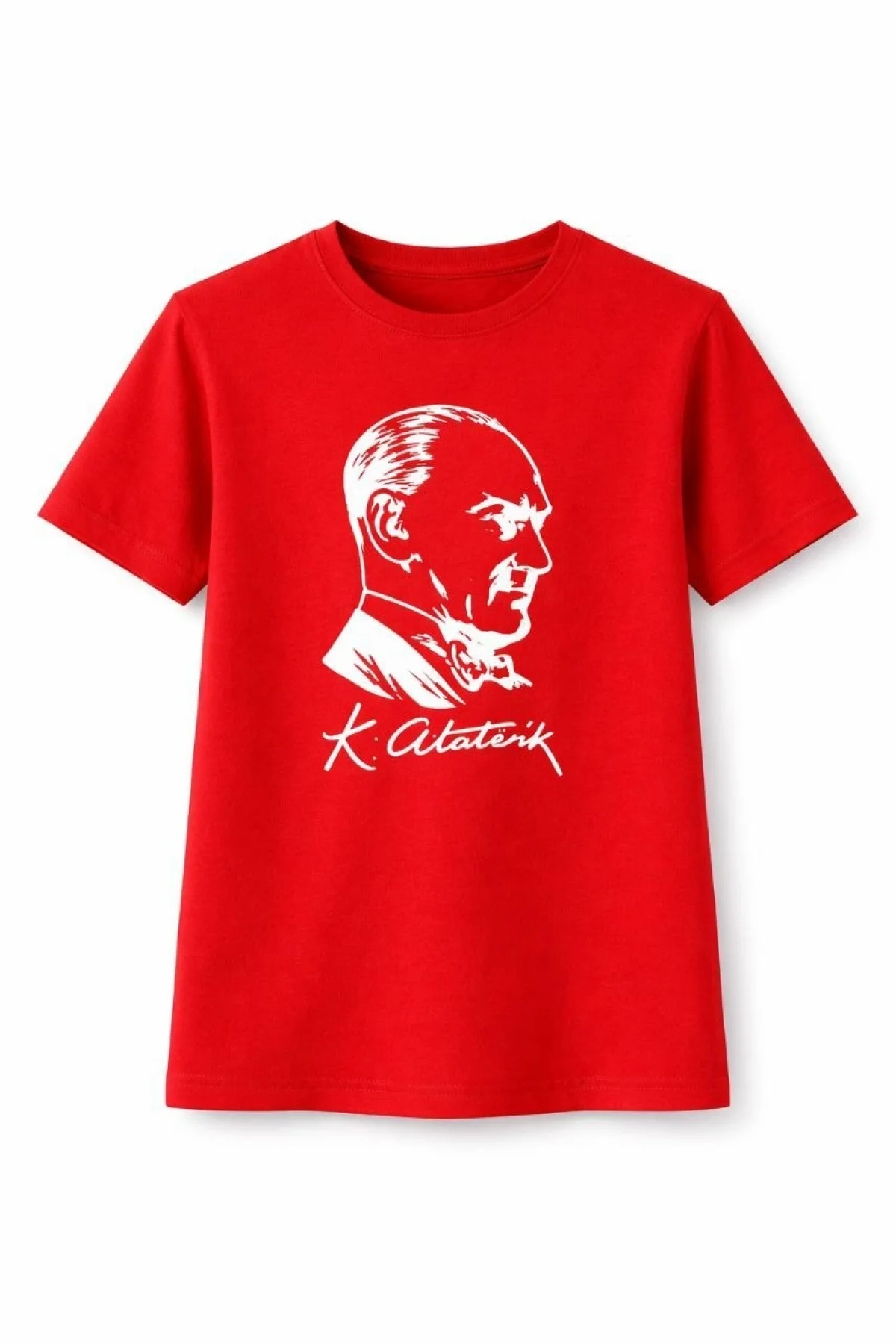 Kız Çocuk Atatürk Baskılı Tişört Kısa Kollu Bisiklet Yaka T-Shirt - Kırmızı