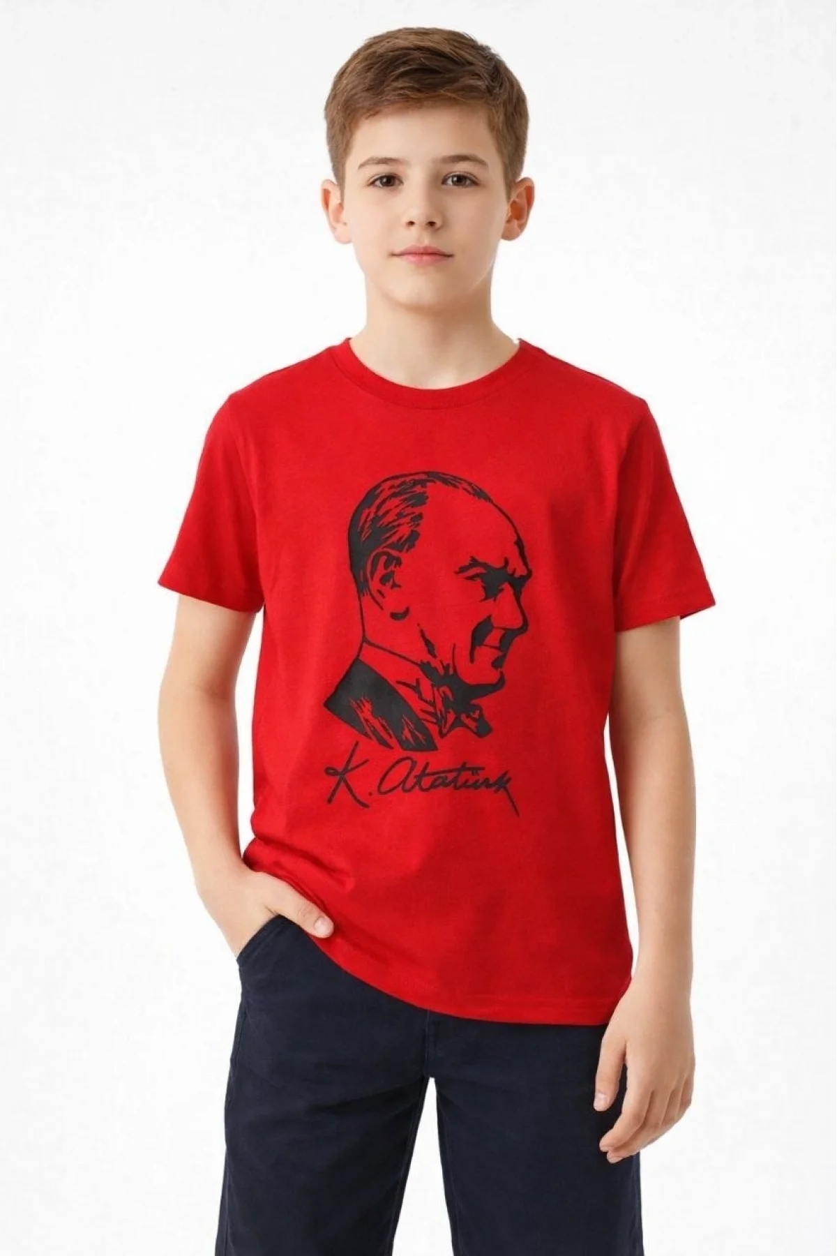 Erkek Çocuk Atatürk Baskılı Tişört Kısa Kollu Bisiklet Yaka T-Shirt - Kırmızı