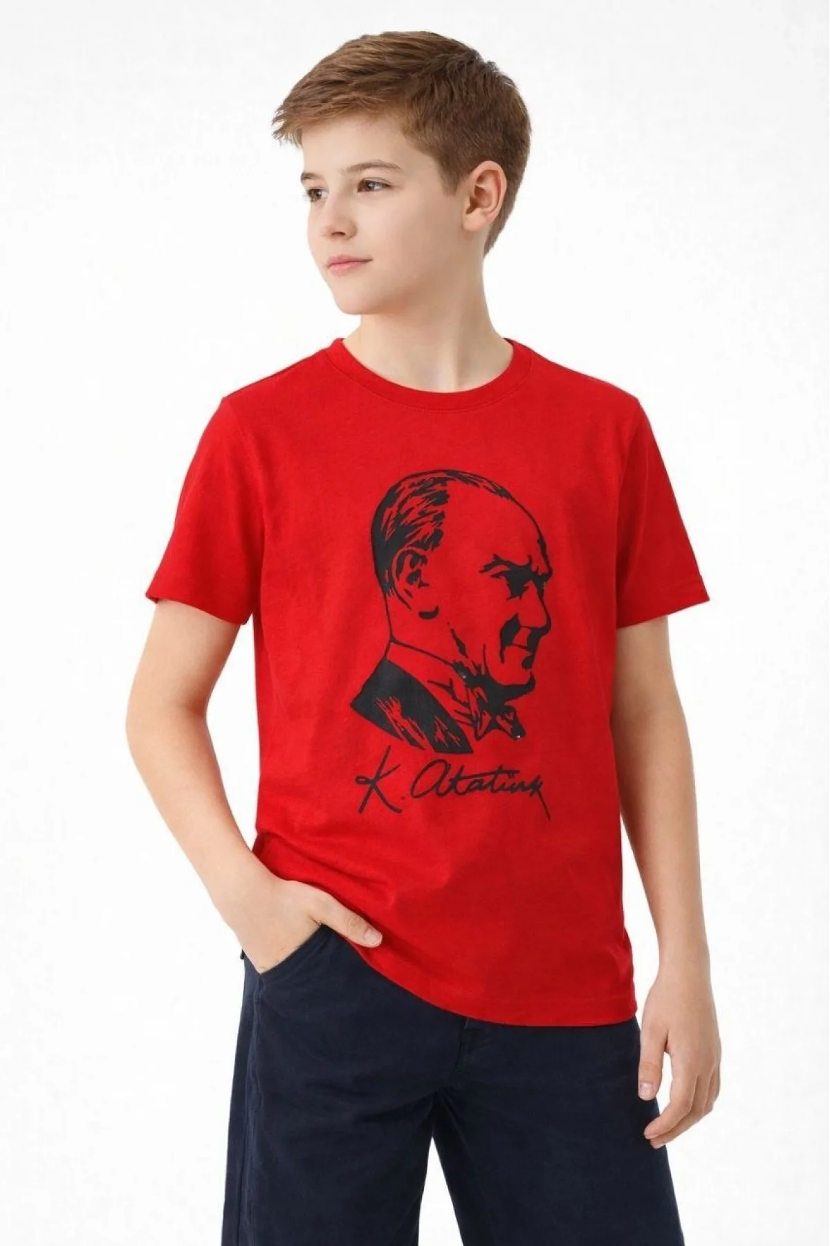 Erkek Çocuk Atatürk Baskılı Tişört Kısa Kollu Bisiklet Yaka T-Shirt - Kırmızı