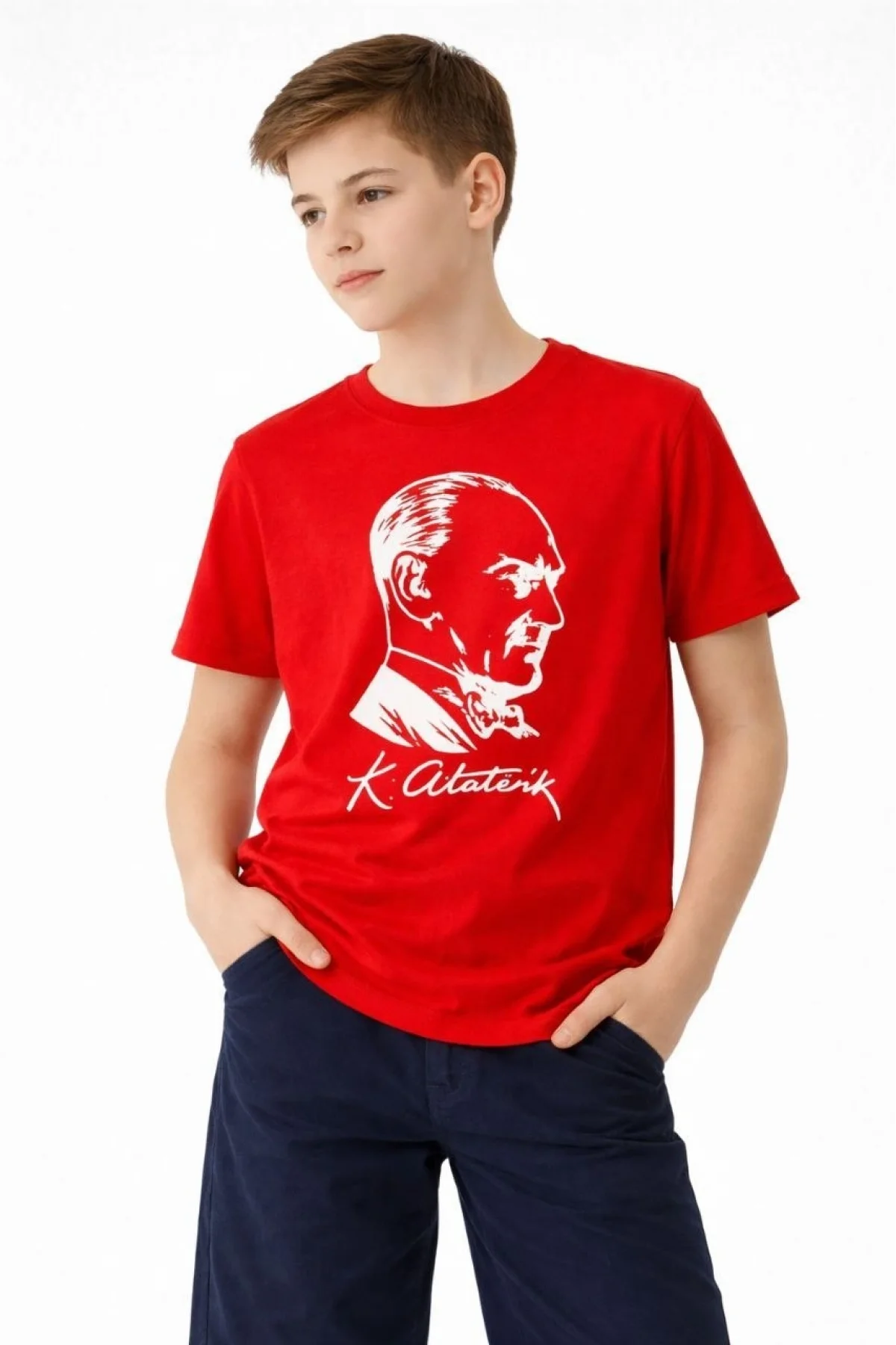 Erkek Çocuk Atatürk Baskılı Tişört Kısa Kollu Bisiklet Yaka T-Shirt - Kırmızı