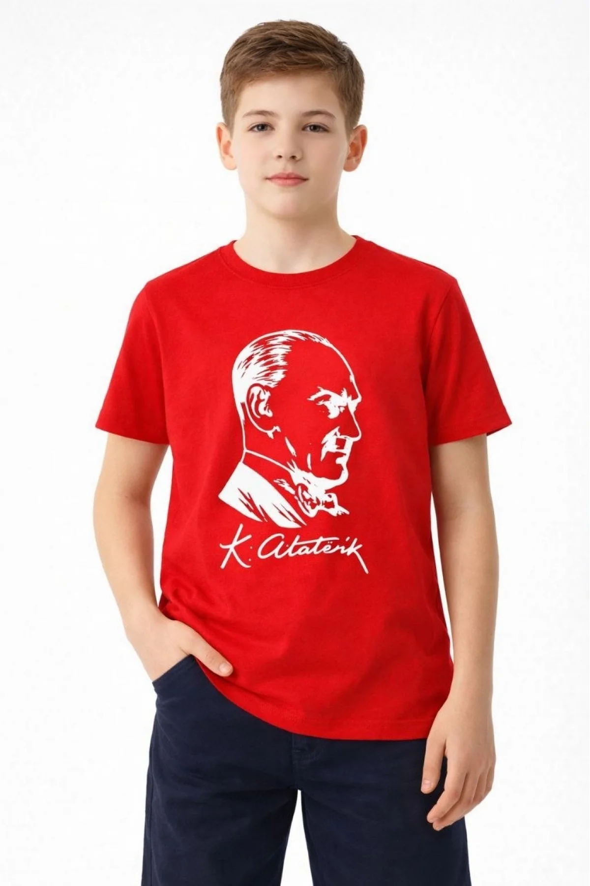 Erkek Çocuk Atatürk Baskılı Tişört Kısa Kollu Bisiklet Yaka T-Shirt - Kırmızı