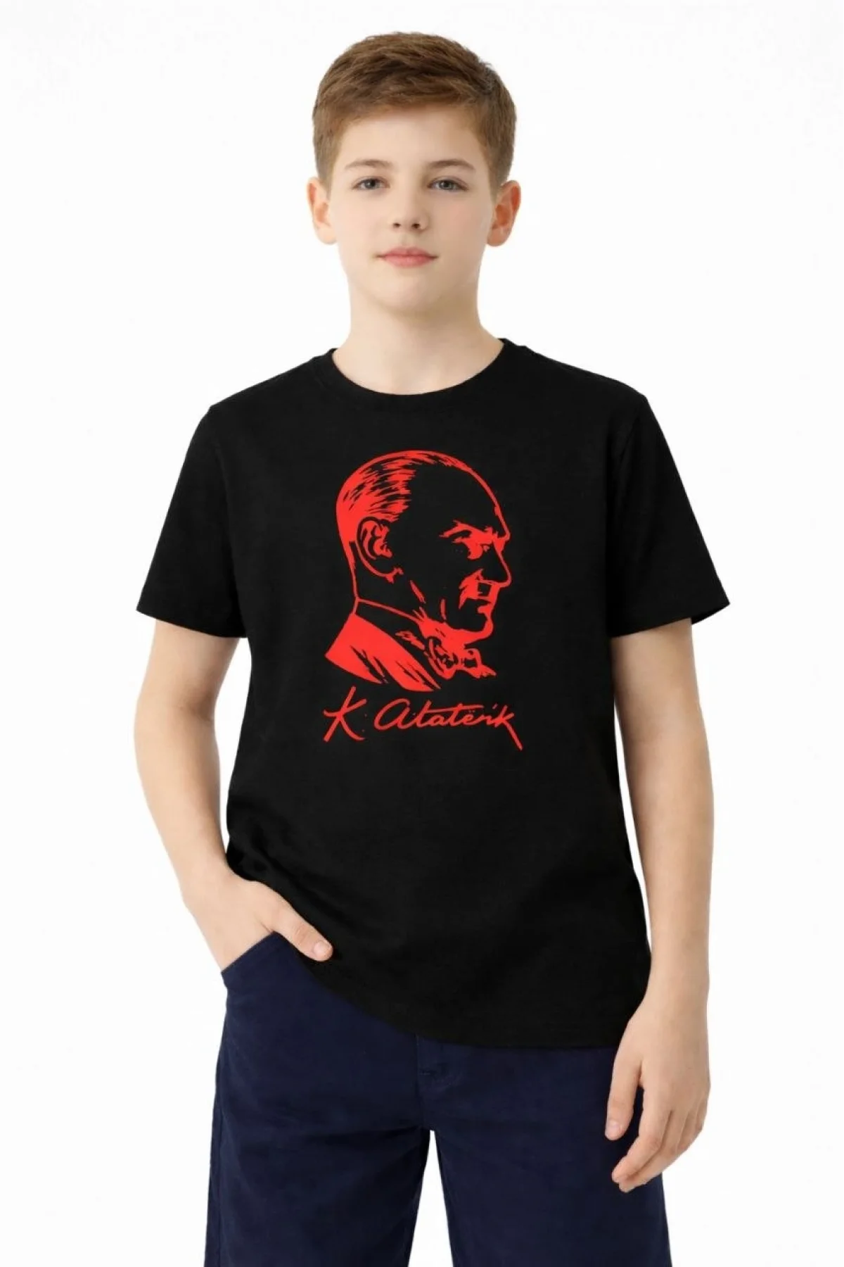 Erkek Çocuk Atatürk Baskılı Tişört Kısa Kollu Bisiklet Yaka T-Shirt - Siyah