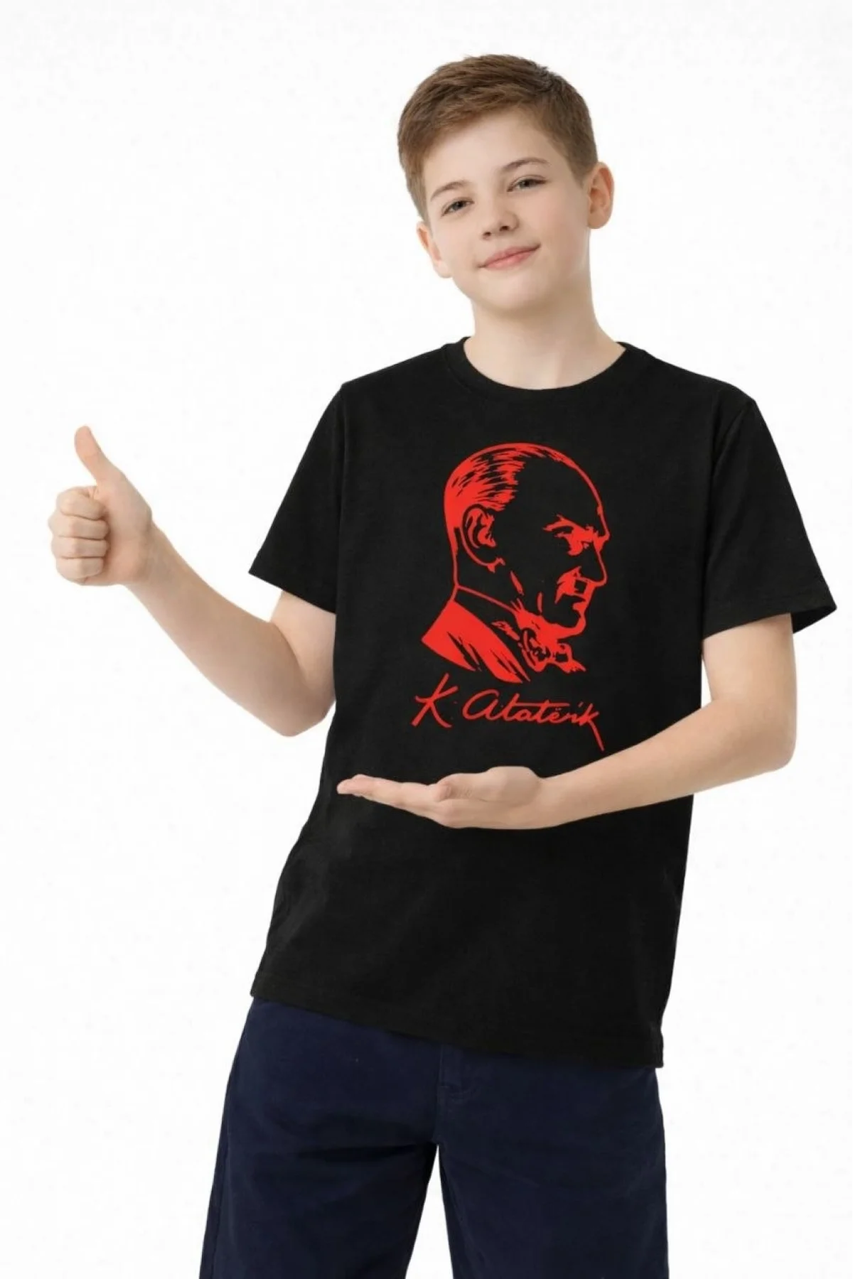 Erkek Çocuk Atatürk Baskılı Tişört Kısa Kollu Bisiklet Yaka T-Shirt - Siyah