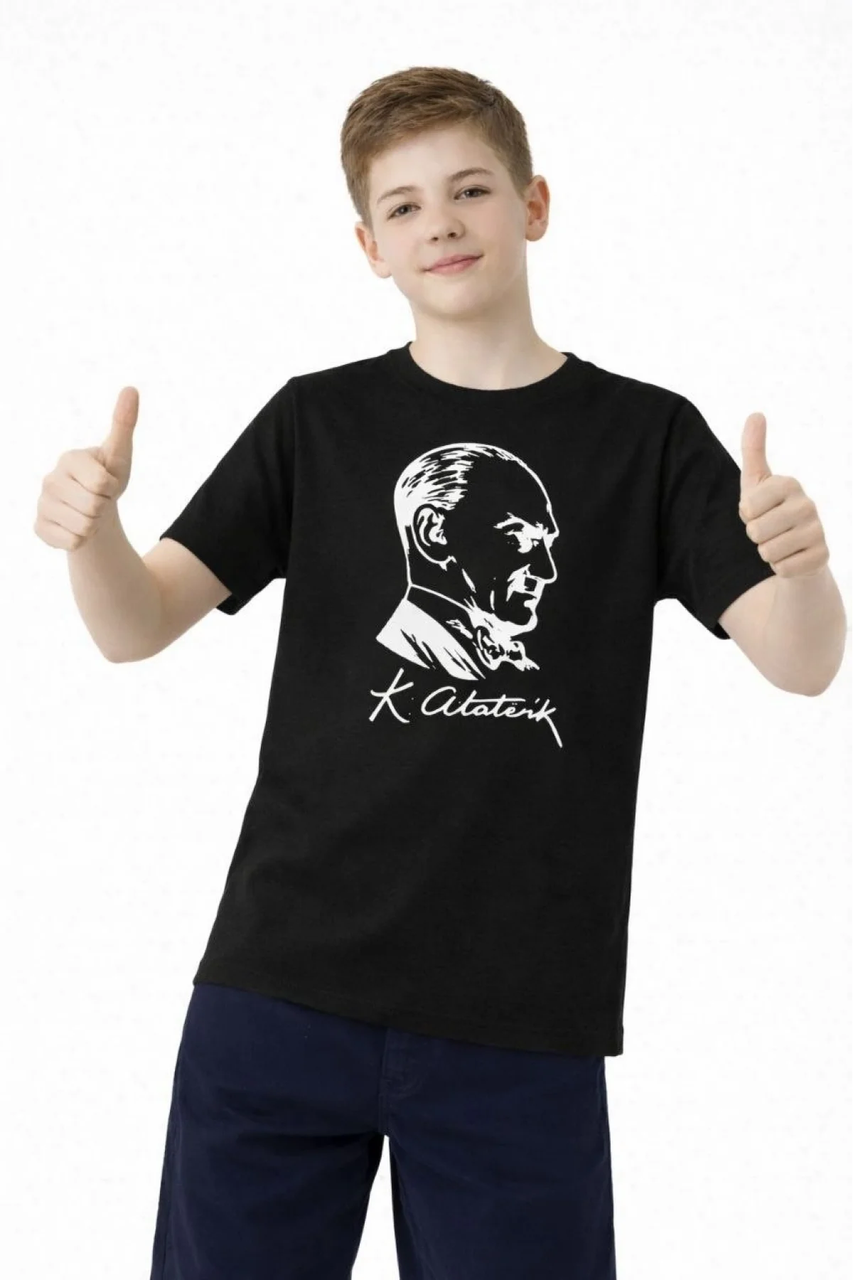 Erkek Çocuk Atatürk Baskılı Tişört Kısa Kollu Bisiklet Yaka T-Shirt - Siyah