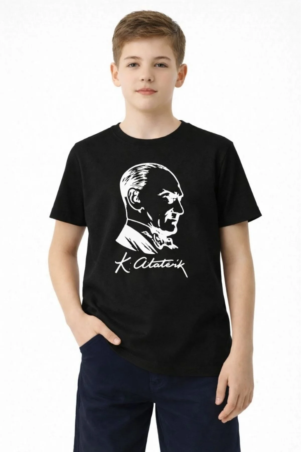 Erkek Çocuk Atatürk Baskılı Tişört Kısa Kollu Bisiklet Yaka T-Shirt - Siyah