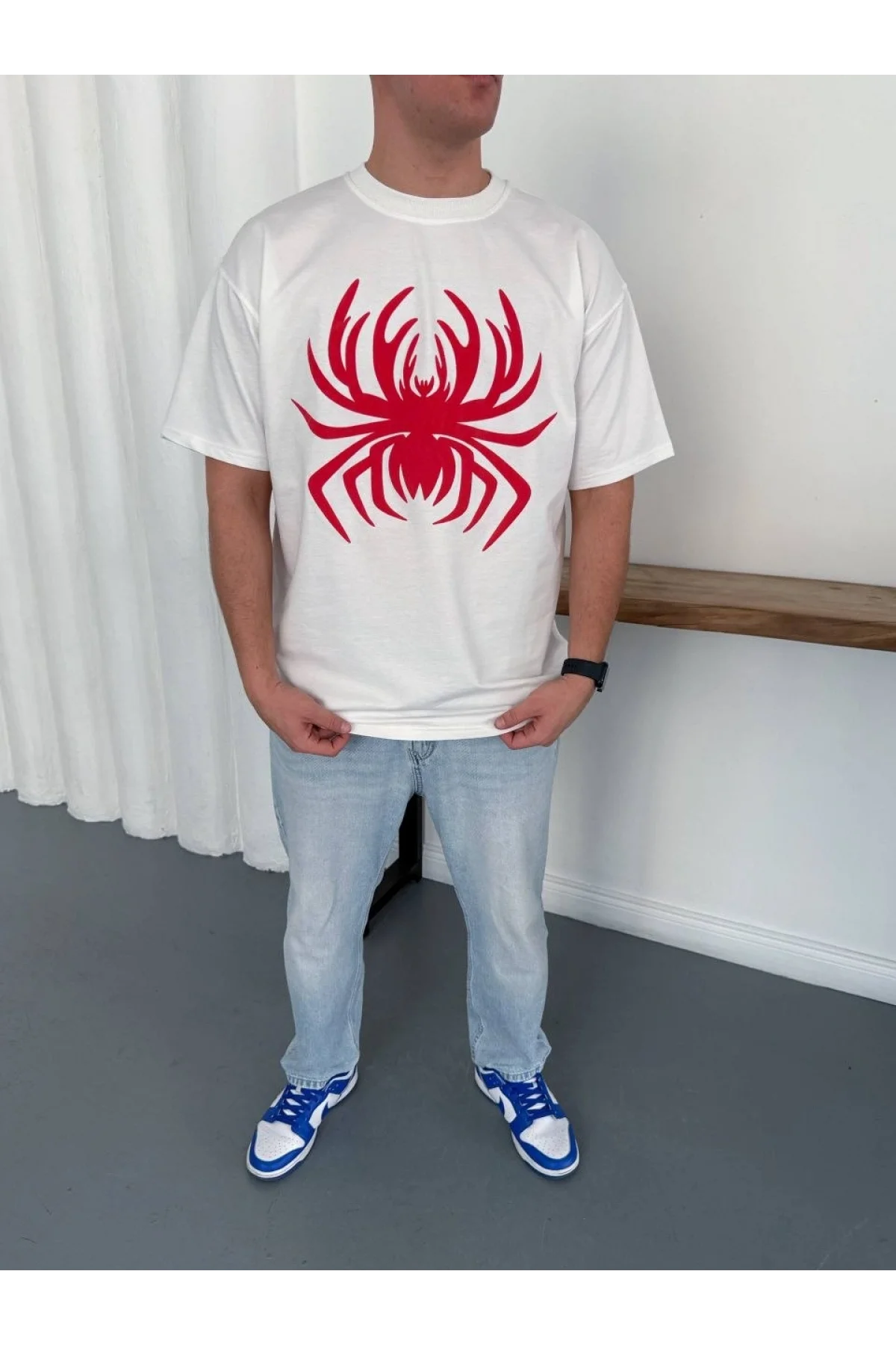 Erkek Örümcek Baskılı Tişört Kısa Kollu Bisiklet Yaka T-Shirt - Beyaz