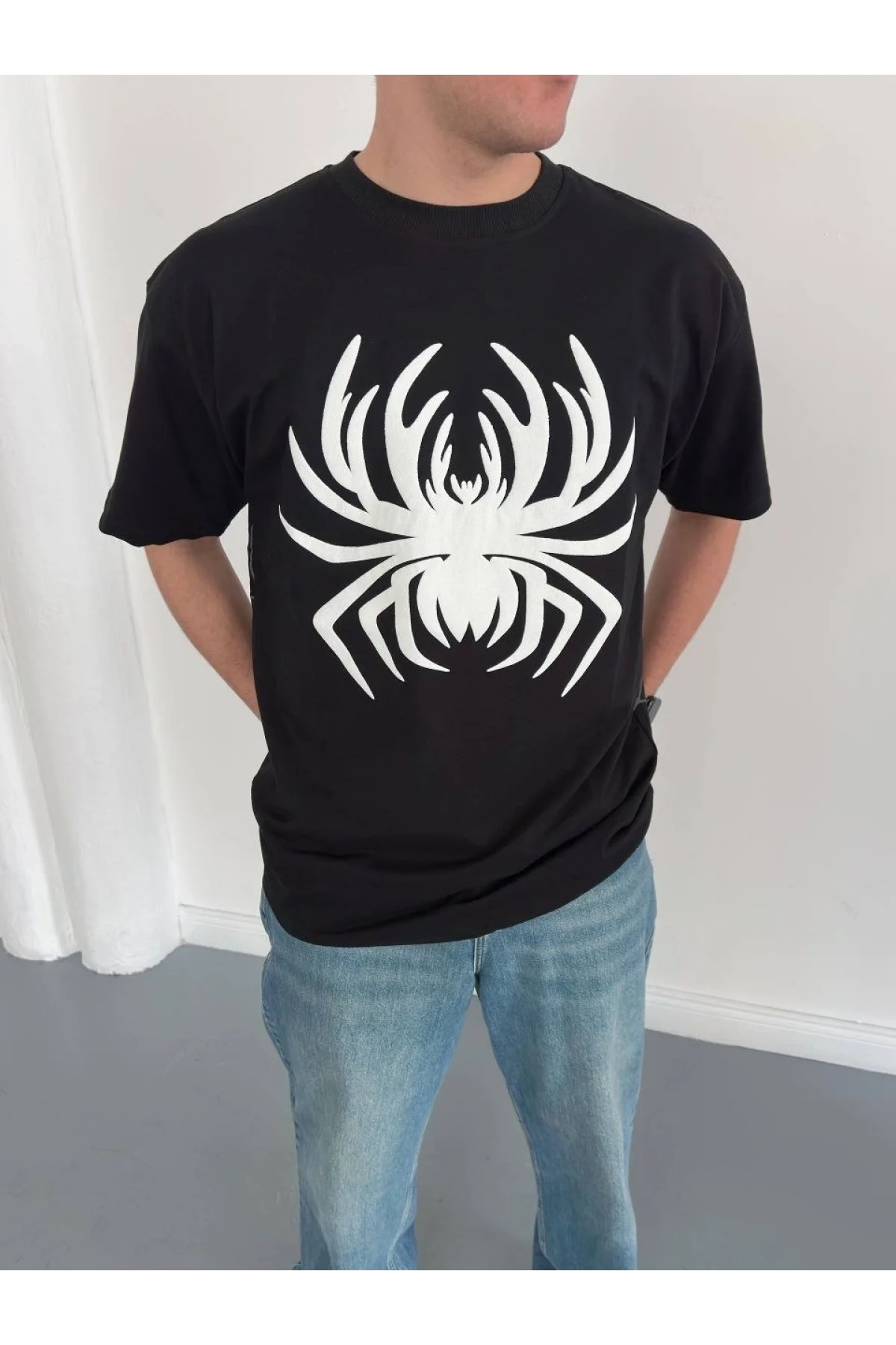 Erkek Örümcek Baskılı Tişört Kısa Kollu Bisiklet Yaka T-Shirt - Siyah