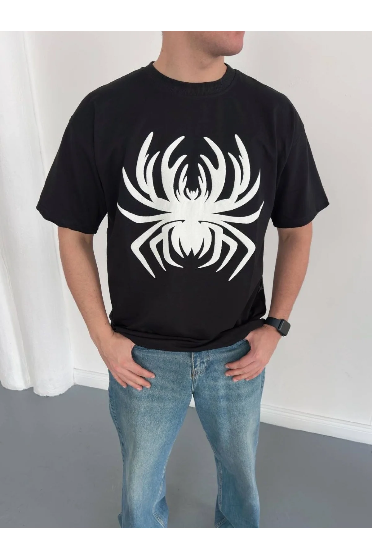 Erkek Örümcek Baskılı Tişört Kısa Kollu Bisiklet Yaka T-Shirt - Siyah