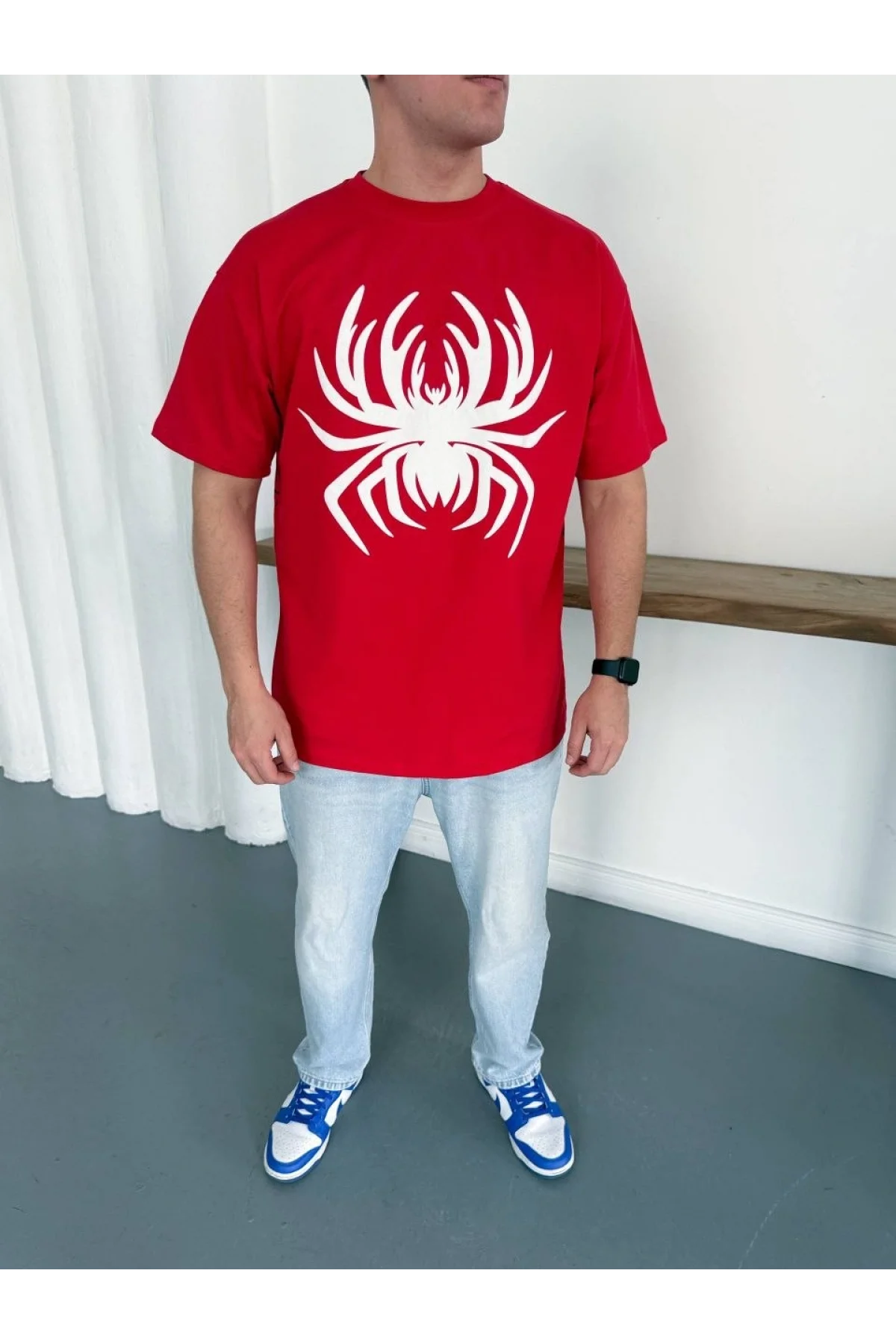 Erkek Örümcek Baskılı Tişört Kısa Kollu Bisiklet Yaka T-Shirt - Kırmızı