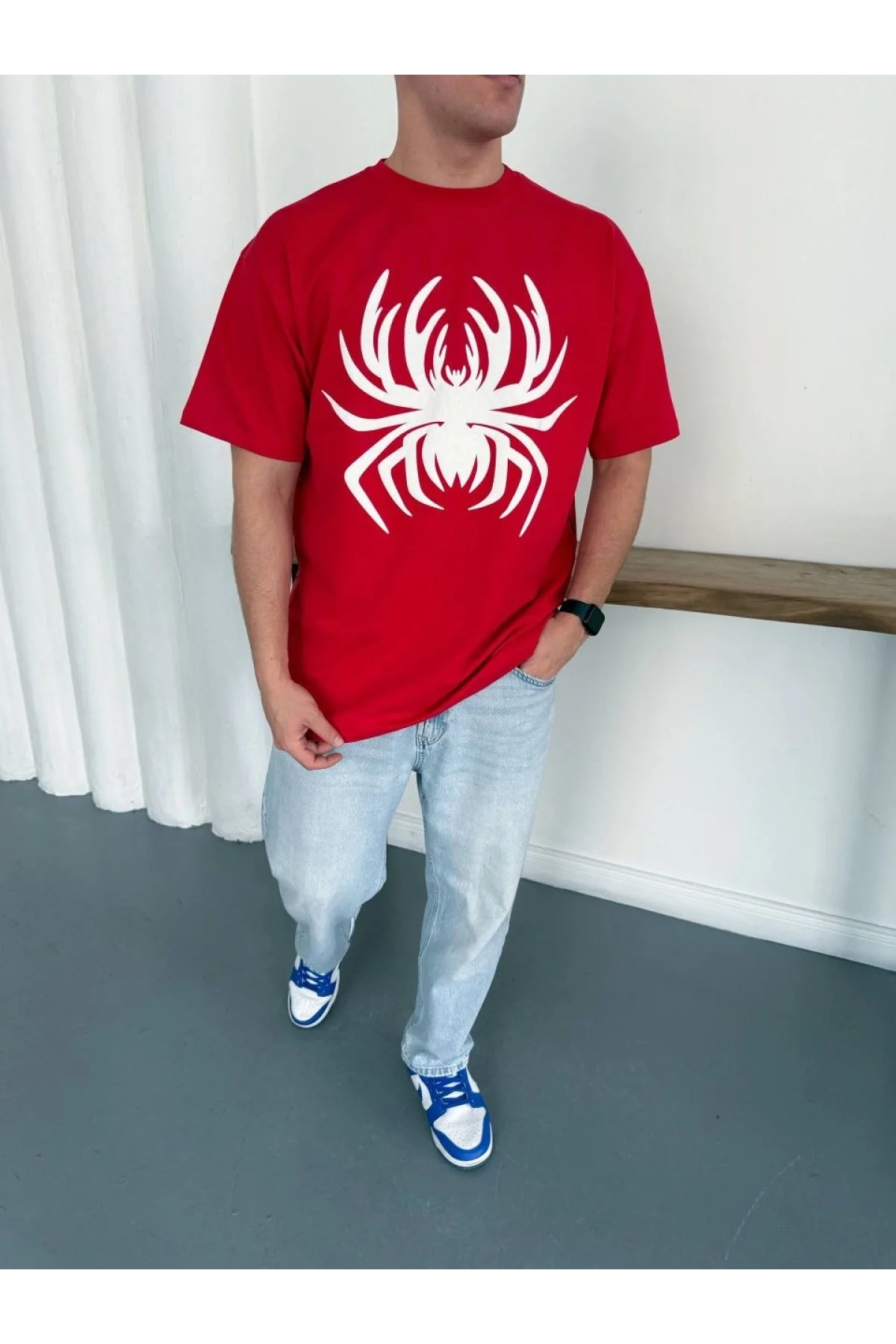 Erkek Örümcek Baskılı Tişört Kısa Kollu Bisiklet Yaka T-Shirt - Kırmızı