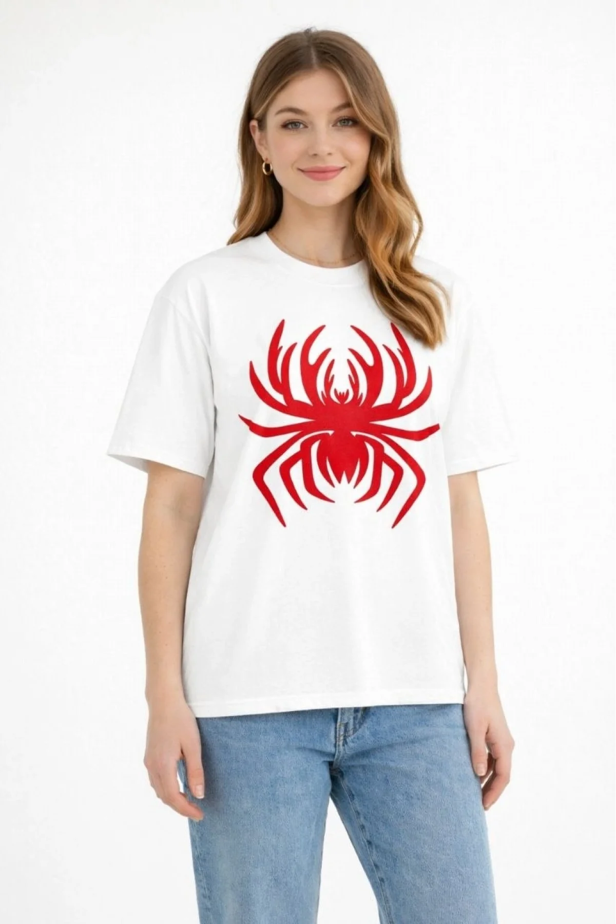 Kadın Örümcek Baskılı Tişört Kısa Kollu Bisiklet Yaka T-Shirt - Beyaz