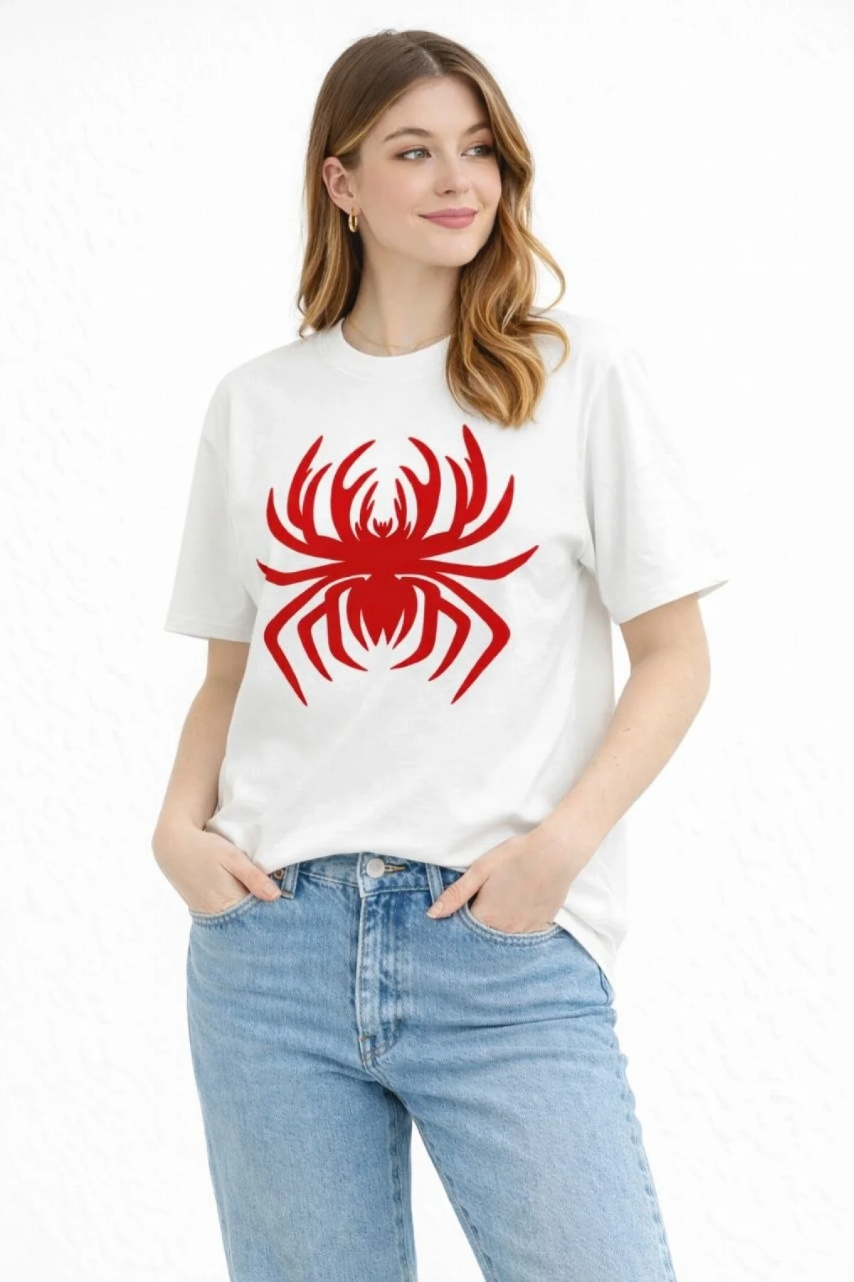 Kadın Örümcek Baskılı Tişört Kısa Kollu Bisiklet Yaka T-Shirt - Beyaz