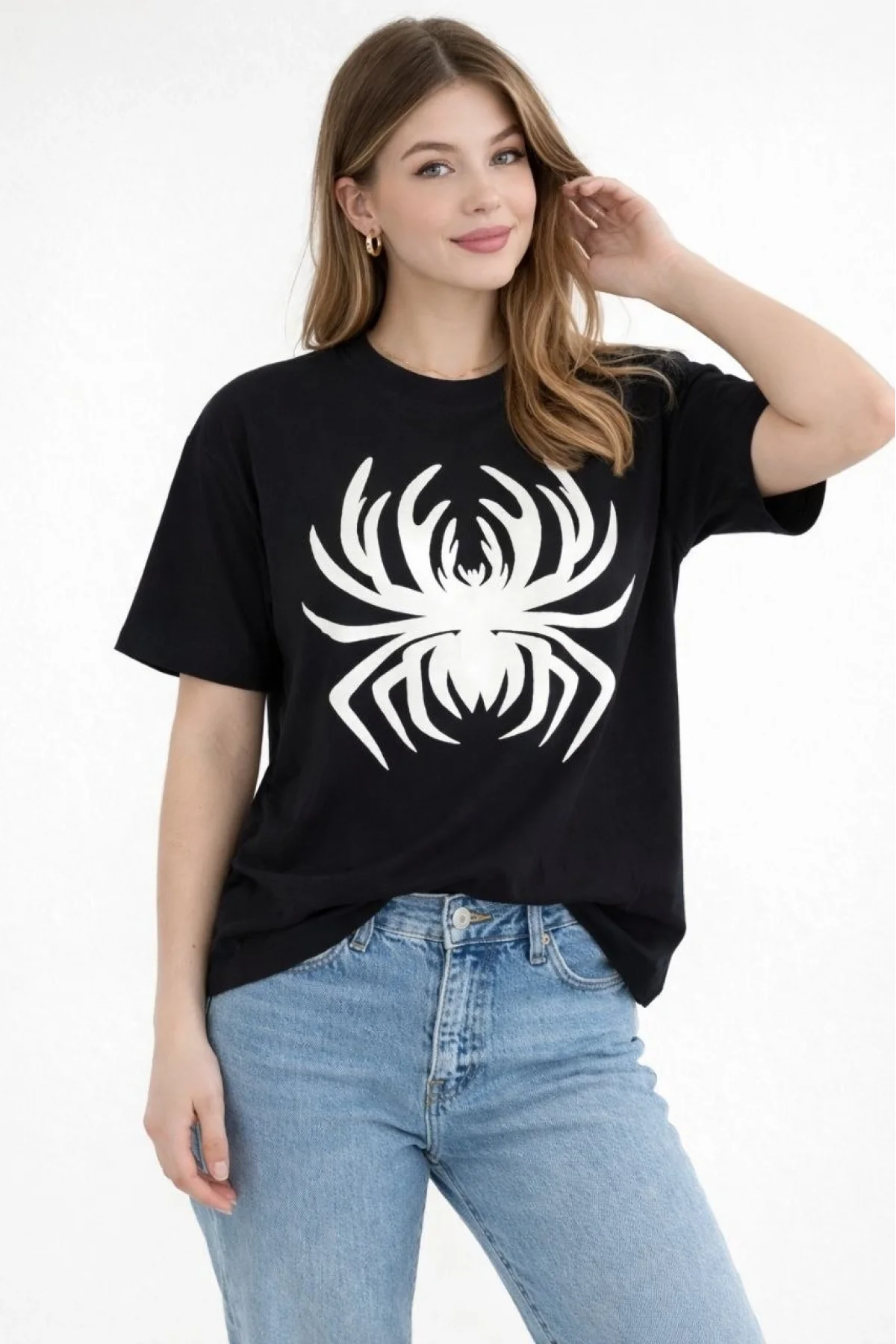 Kadın Örümcek Baskılı Tişört Kısa Kollu Bisiklet Yaka T-Shirt - Siyah