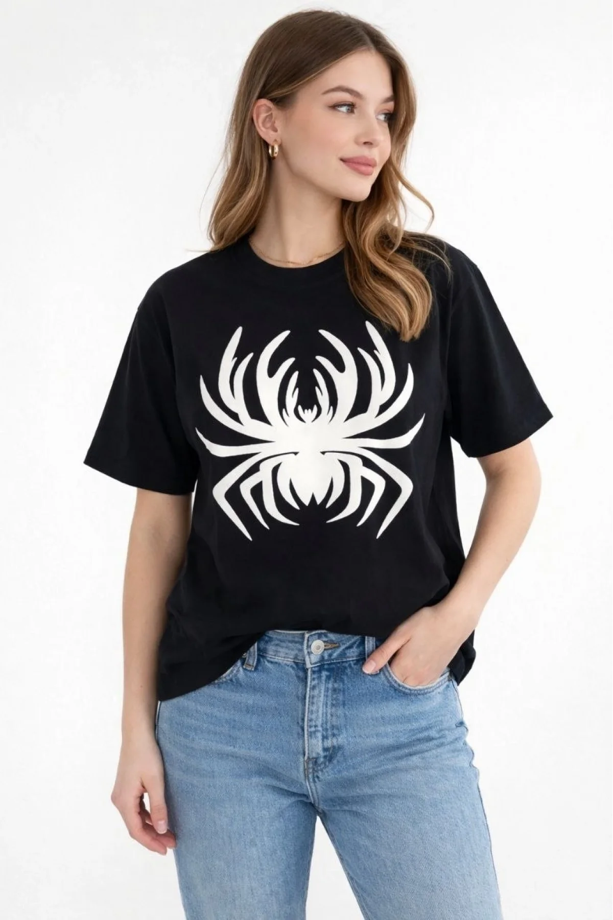 Kadın Örümcek Baskılı Tişört Kısa Kollu Bisiklet Yaka T-Shirt - Siyah