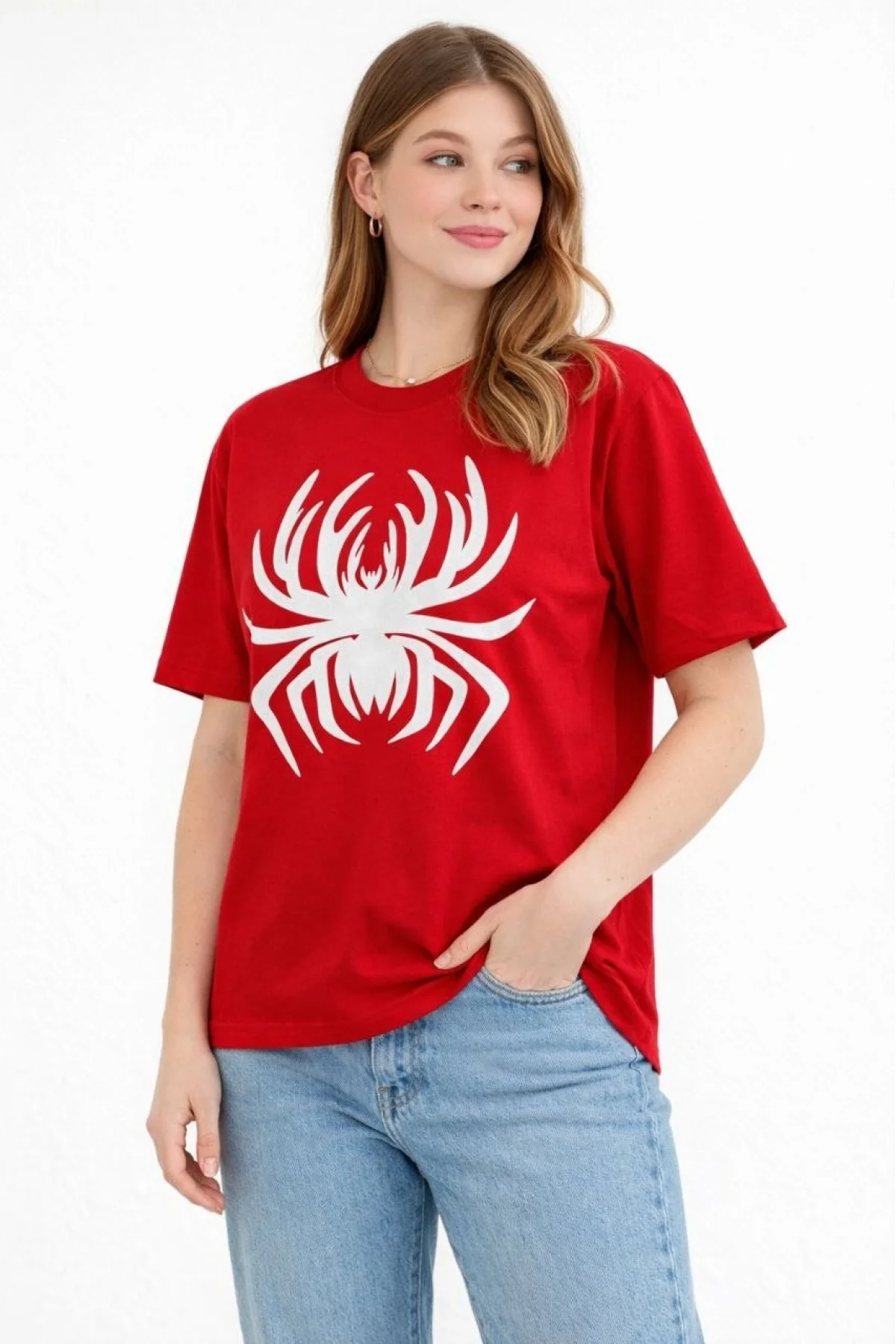 Kadın Örümcek Baskılı Tişört Kısa Kollu Bisiklet Yaka T-Shirt - Kırmızı